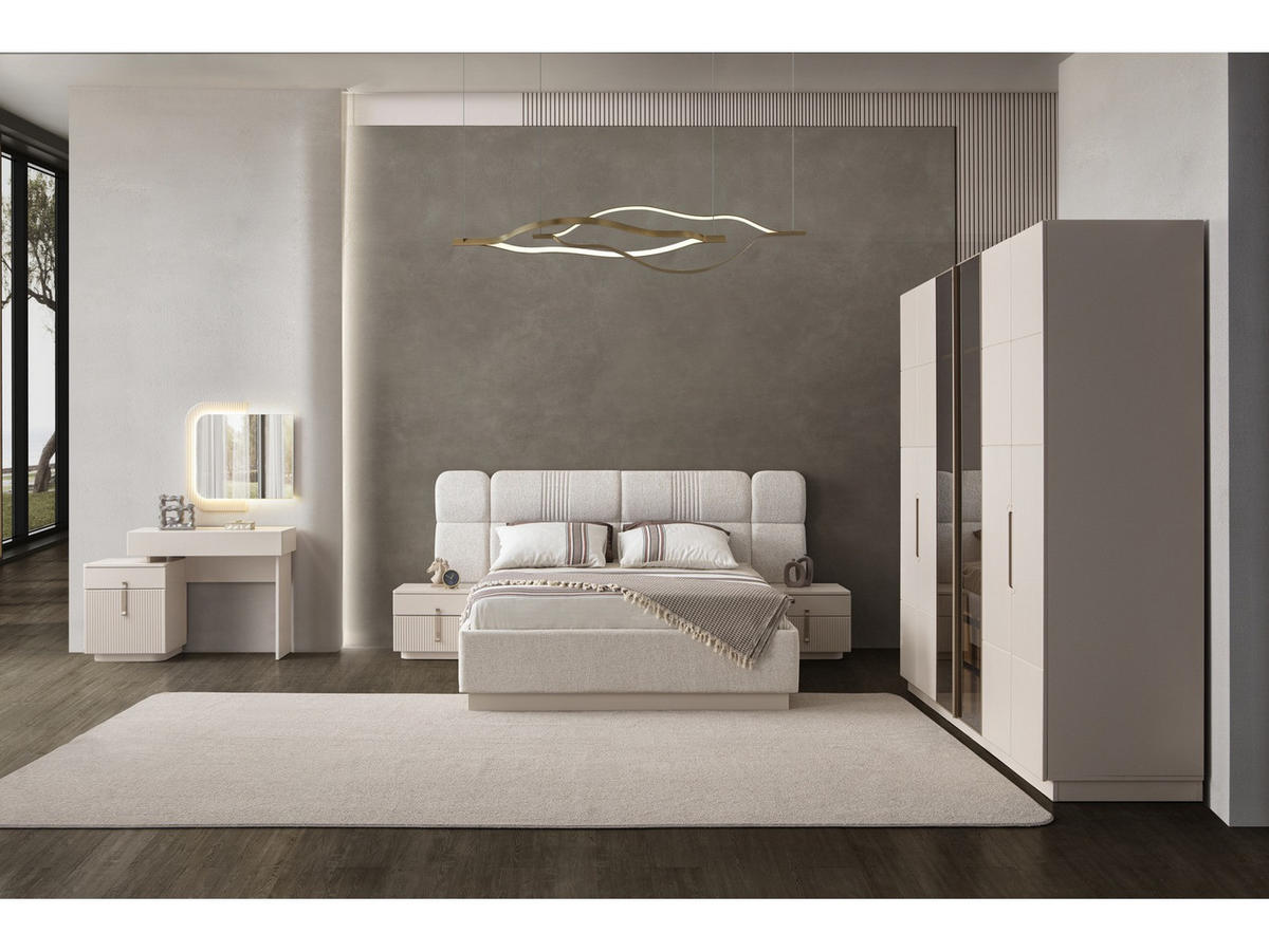 BETTANLAGE LINE Schlafzimmer-Set, 5-teilig, Creme, Bett mit Kopfteil 2 Nachttischen Kommode und Kleiderschrank - Creme, Leder/Holzwerkstoff (160/200cm) - Villa Möbel