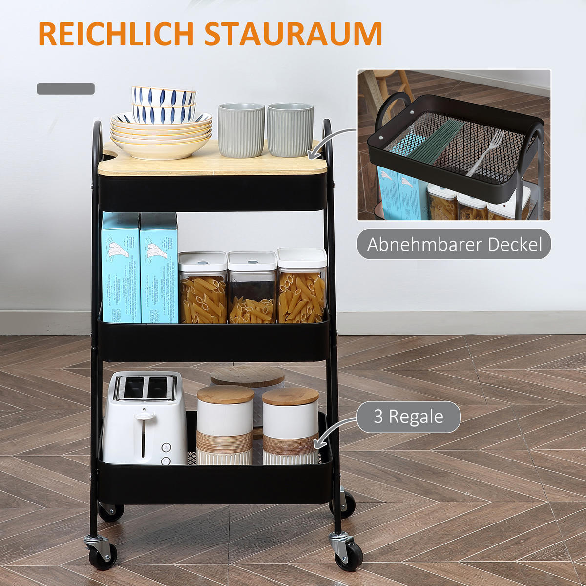 KÜCHENWAGEN 3-Etagen mit Rollen - Schwarz, Holzwerkstoff (31/79.4/45cm) - HOMCOM