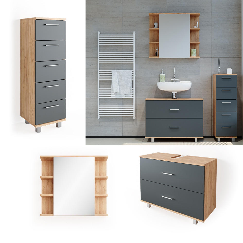 BADMÖBEL-SET Ilias Anthrazit/Goldkraft Eiche 3 Teile mit Unterschrank 80 cm - Honigeiche/Anthrazit, Holzwerkstoff (80/60/33cm) - Vicco