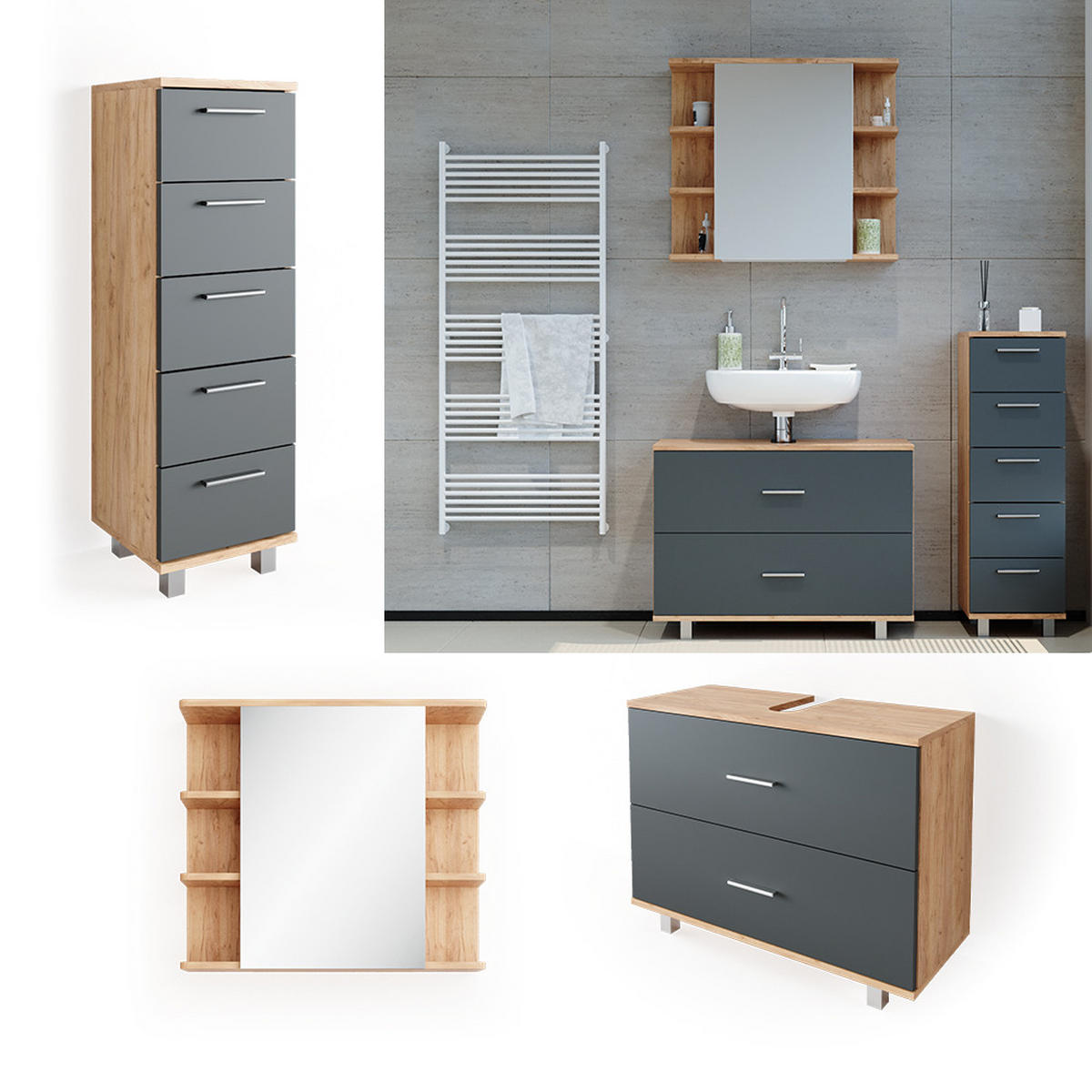 BADMÖBEL-SET Ilias Anthrazit/Goldkraft Eiche 3 Teile mit Unterschrank 80 cm - Honigeiche/Anthrazit, Holzwerkstoff (80/60/33cm) - Vicco