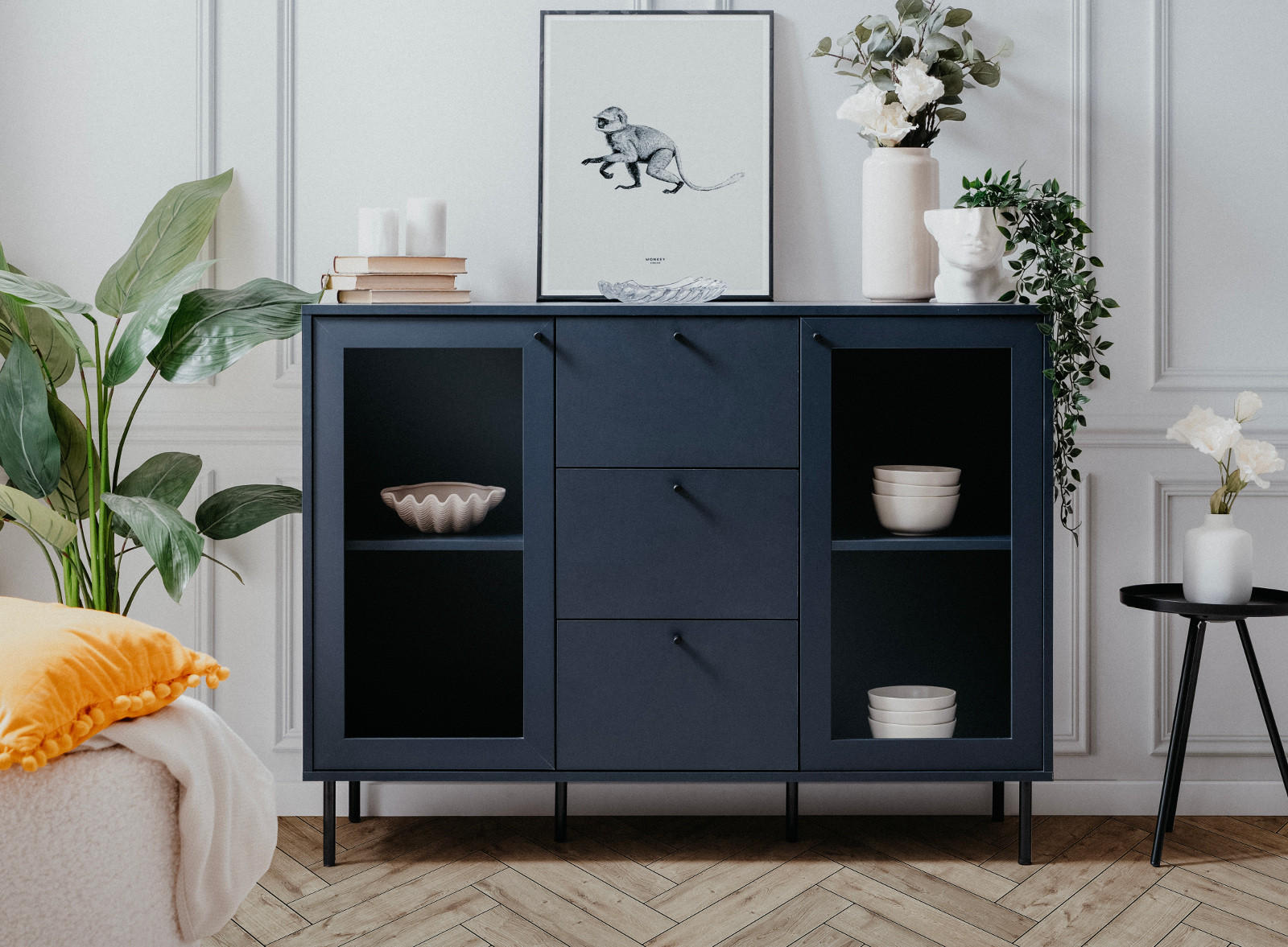 KOMMODE blau 120 cm, Anrichte mit 4 Vitrinenfächern - Blau/Schwarz, Glas/Holzwerkstoff (120/90/40cm) - Furn.Design