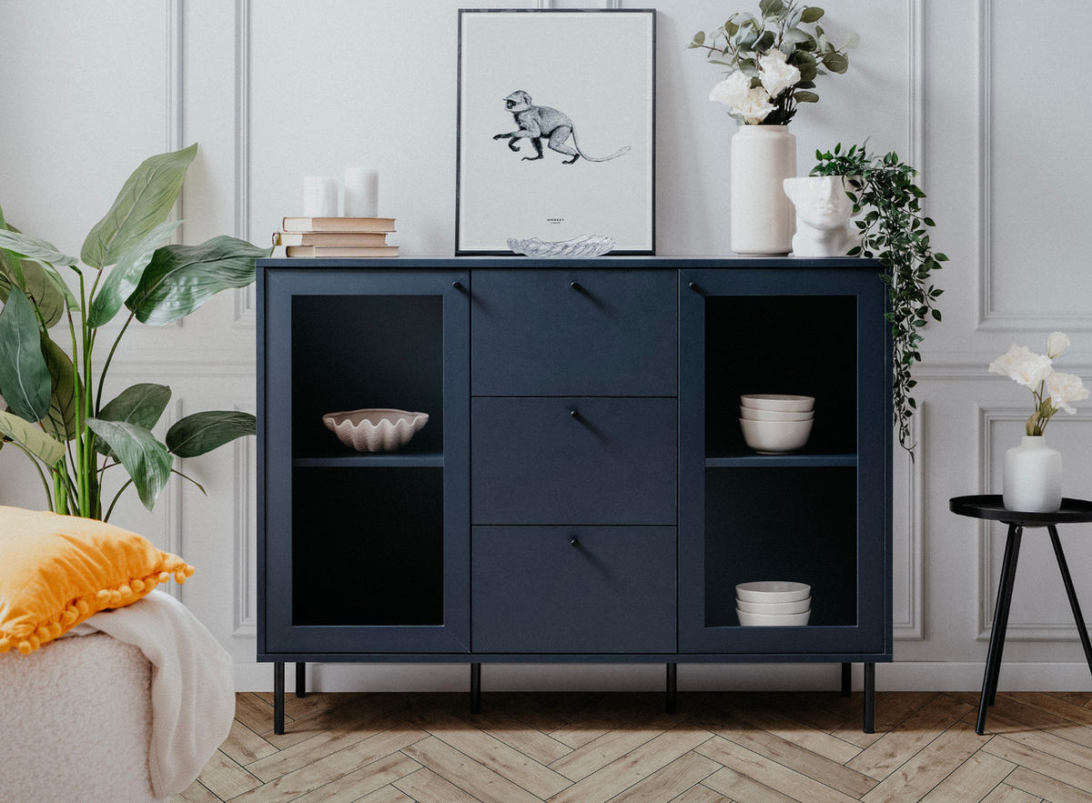KOMMODE blau 120 cm, Anrichte mit 4 Vitrinenfächern - Blau/Schwarz, Glas/Holzwerkstoff (120/90/40cm) - Furn.Design