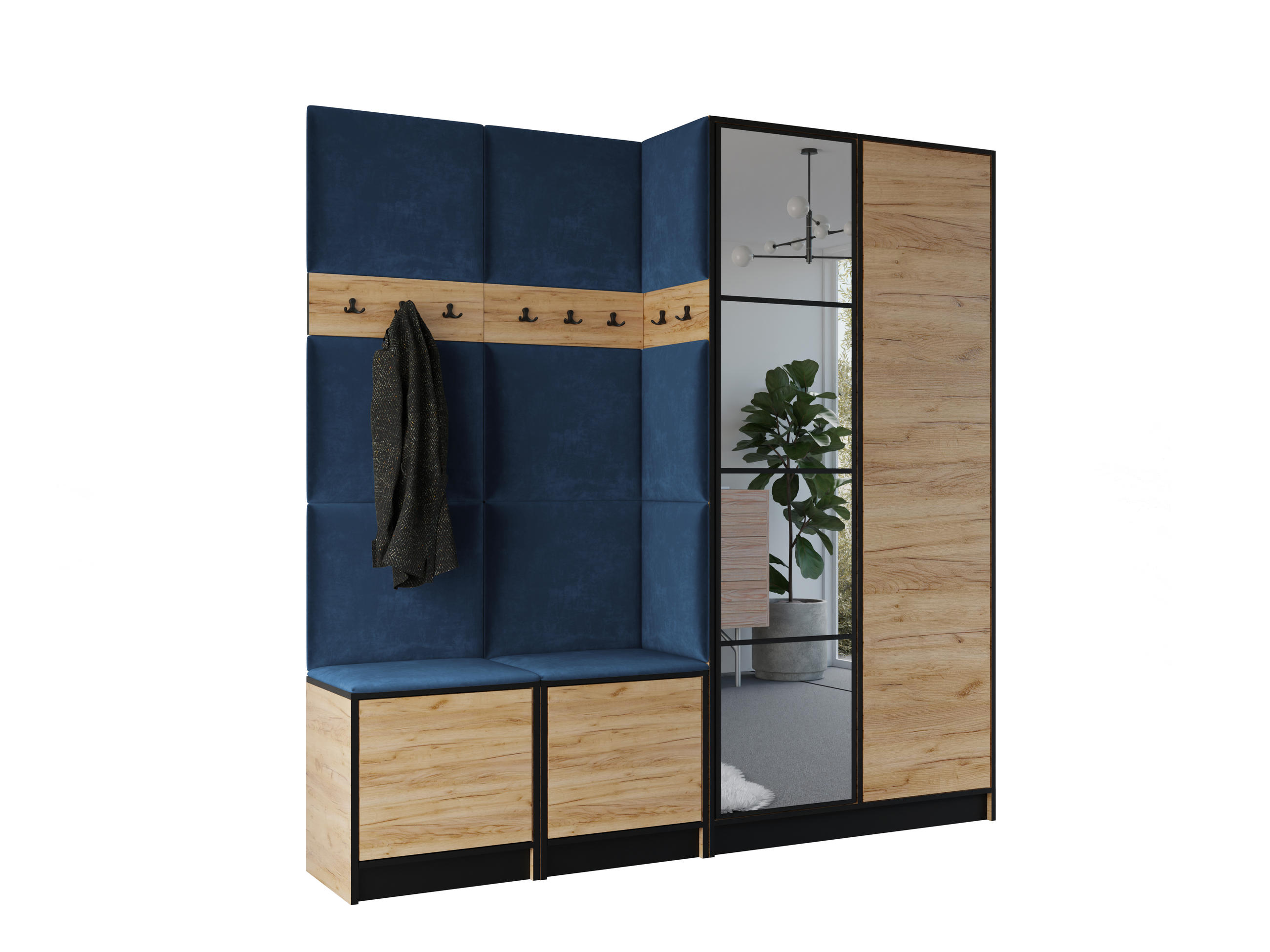 GARDEROBENSCHRANK EDEN 21 mit Spiegel - Eiche Craft Gold & Stoff Blau - Honigeiche/Blau, Holzwerkstoff (211/205/39cm) - Kier Furniture