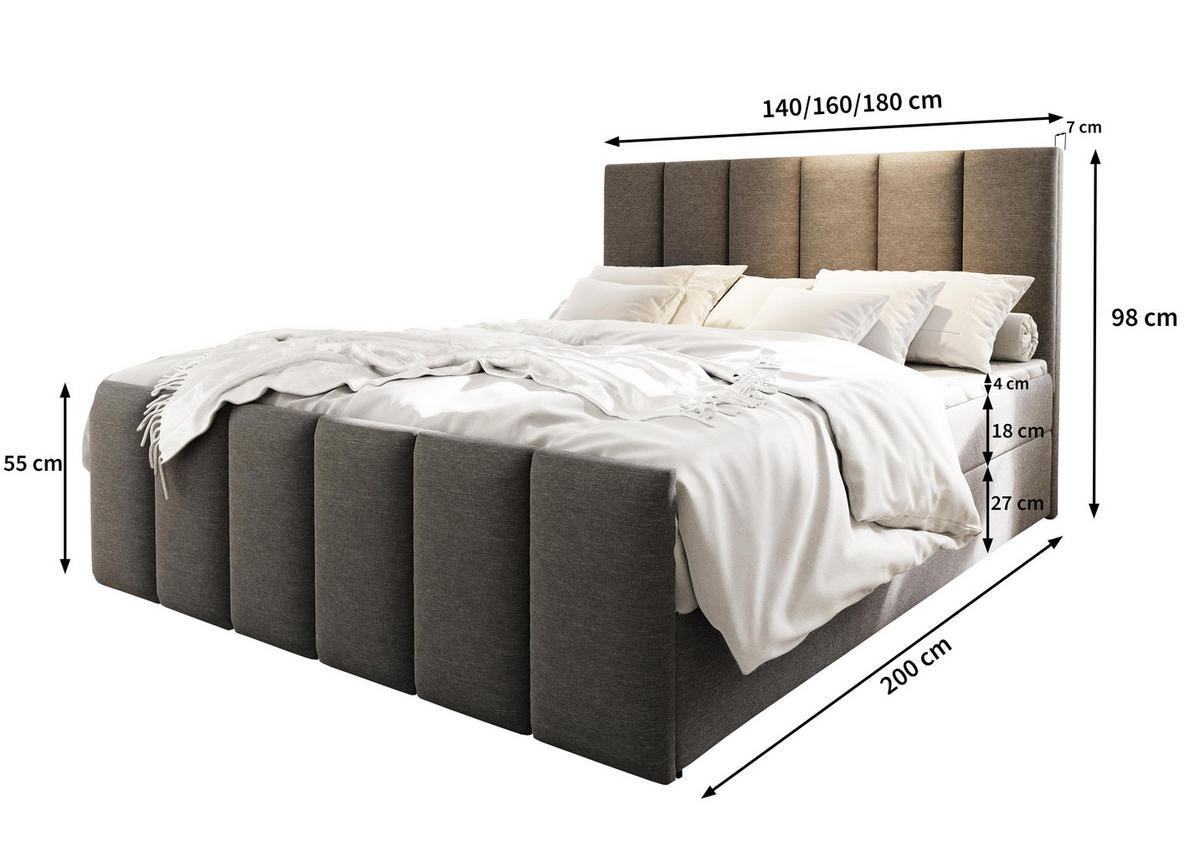 BOXBETT LAGO 180x200 cm mit Matratze und Topper - Grau - Grau, Holz (180/200cm) - MASSENO