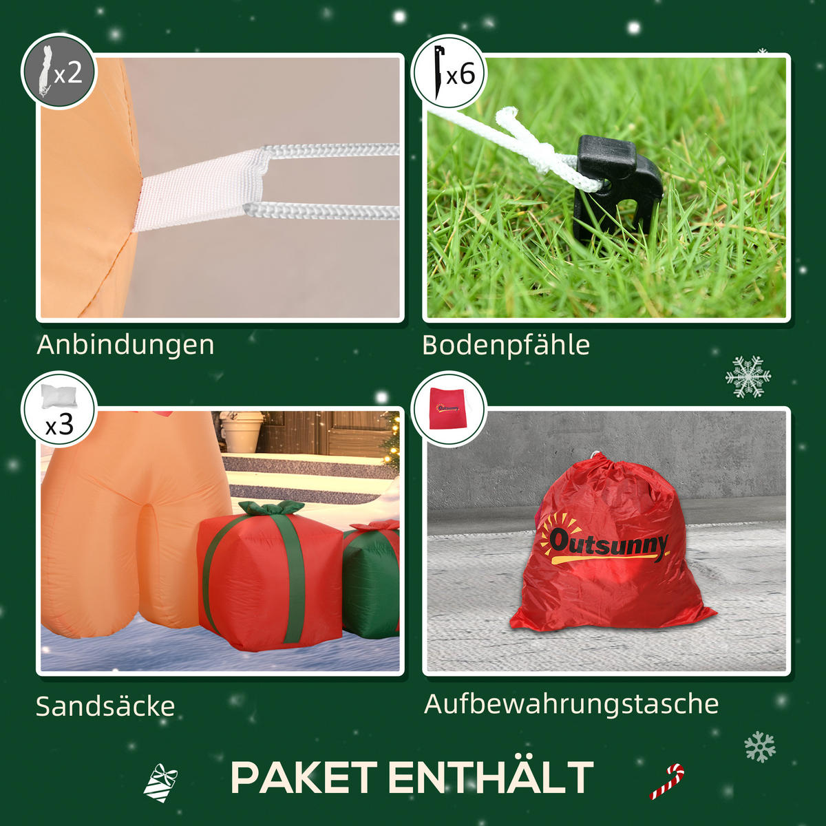 AUFBLASBARE Weihnachtsdeko 2,45 m Lebkuchenmann mit Zuckerstange, 6 LEDs - Orange, Kunststoff (100/245/170cm) - Outsunny