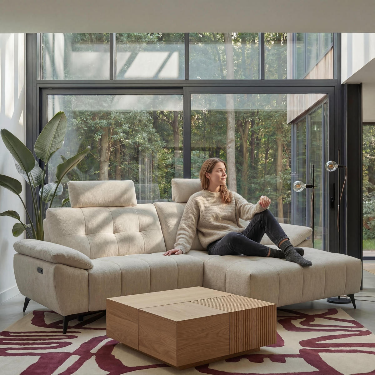 ECKSOFA Webstoff Creme Beige - Beige/Schwarz, Textil/Metall (268/156cm) - Furnhouse