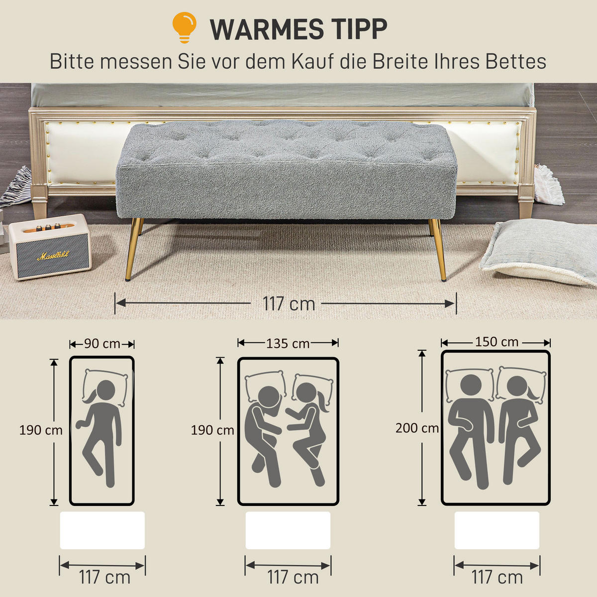 SITZBANK Polsterbank mit Lammwolle-Optik, Knopfheftung für Schlafzimmer, Grau - Grau, Kunststoff (41/46/112cm) - HOMCOM