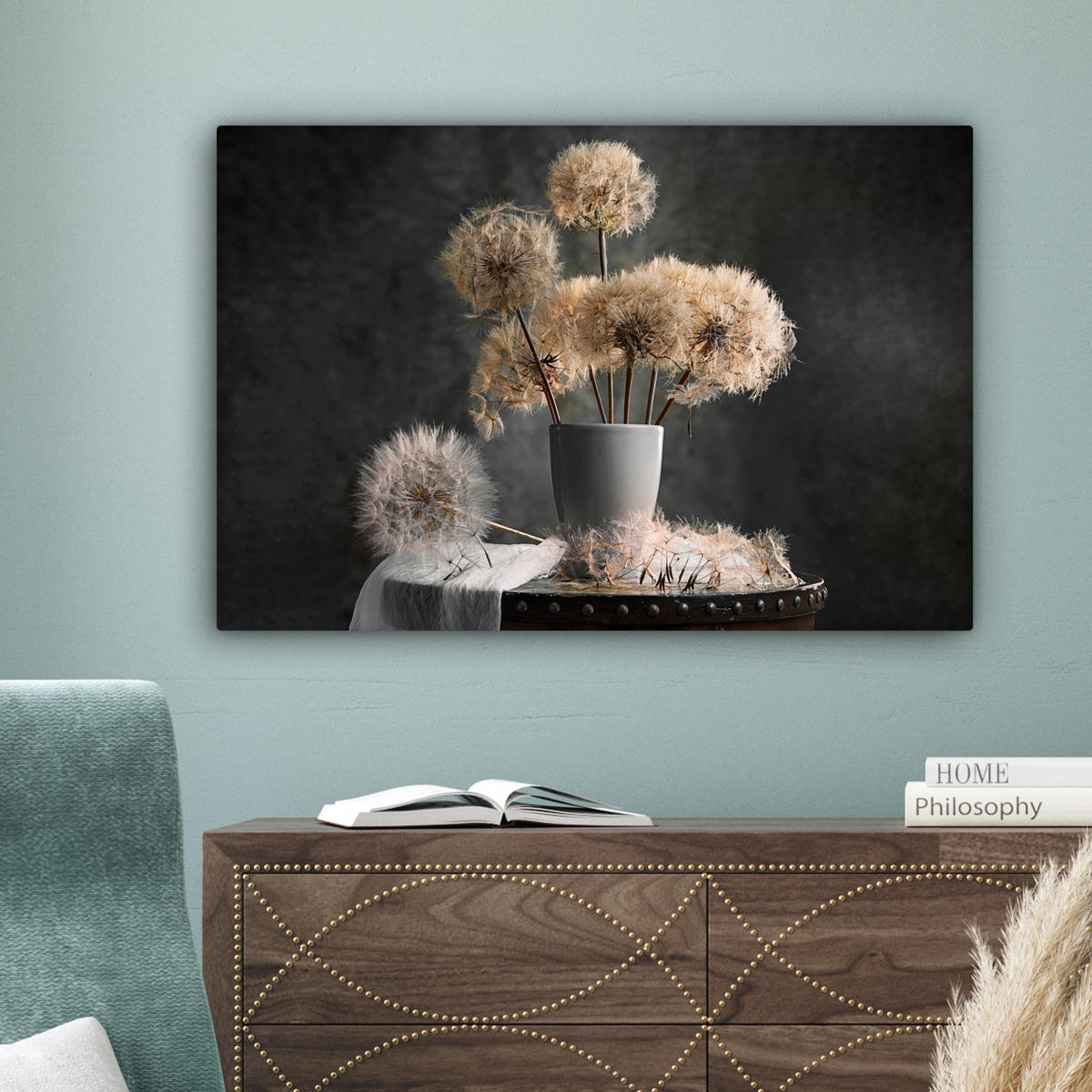 LEINWANDBILD Blumensamen - Löwenzahn - Vase - Stilleben - Blumenstrauß Wanddeko 90x60 cm - Dunkelgrau, Textil (90/60cm) - MuchoWow