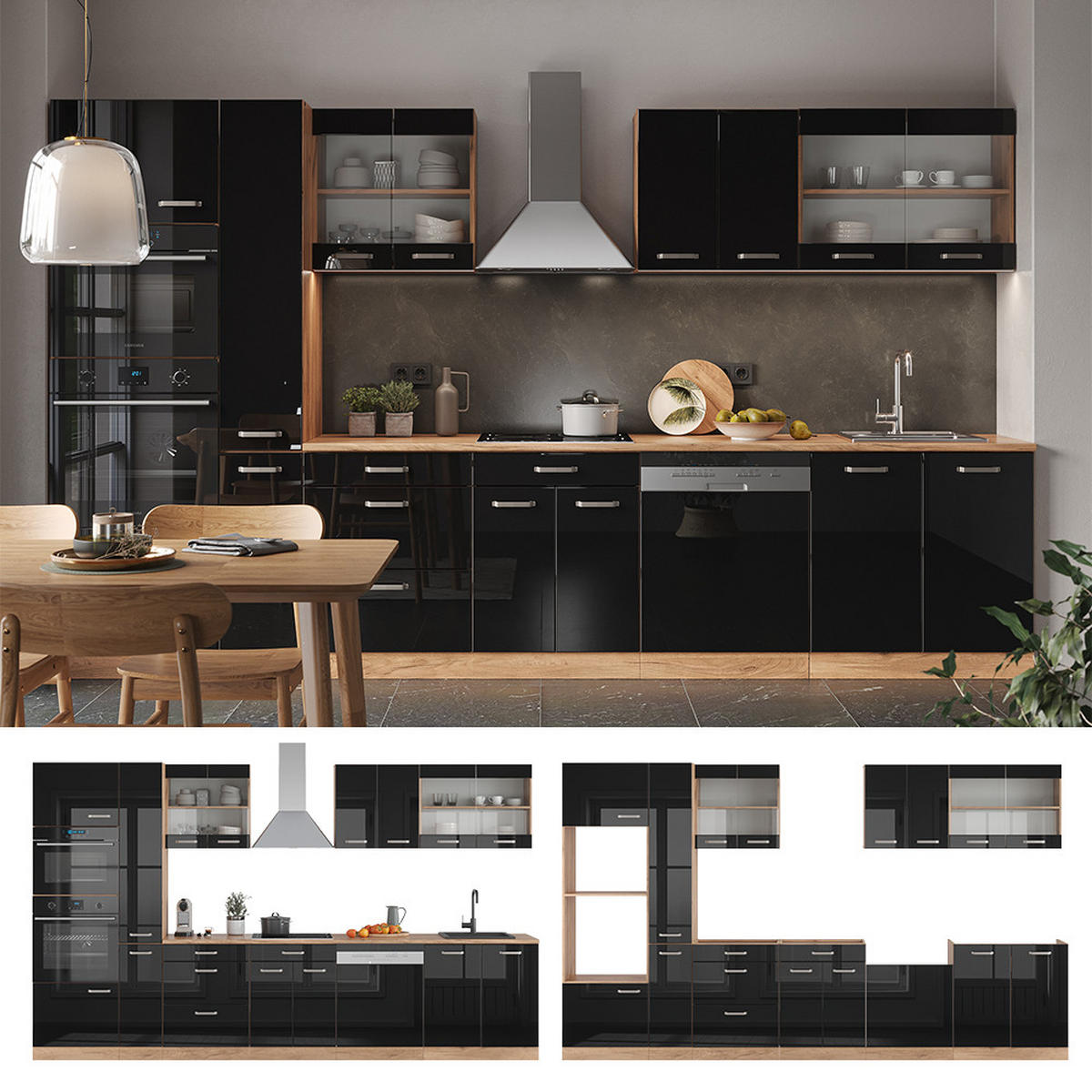 KÜCHENZEILE R-Line Schwarz Hochglanz/Goldkraft Eiche 350 cm ohne AP - Honigeiche/Schwarz Hochglanz, Holzwerkstoff (350/81.6/46cm) - Vicco