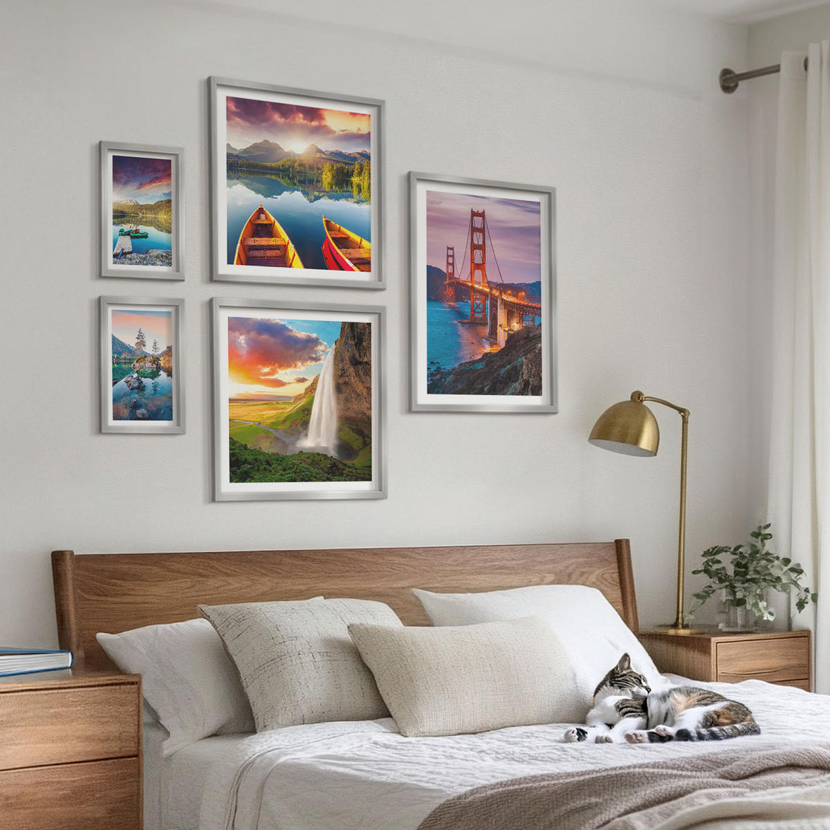 WANDBILDER 5er Set - 50x50 cm & 20x30 cm & 40x60 cm Silberner Rahmen - Bergseen, Boote, Brücken - Silberfarben, Kunststoff (40/60cm) - ArtPrintCave