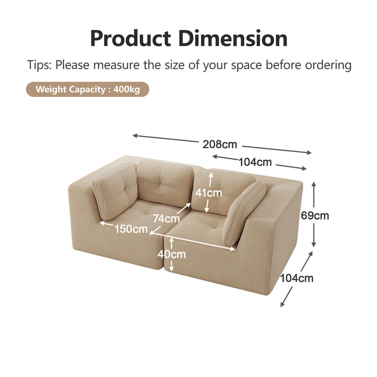2-SITZER Sofa 208x104x69 cm aus Cordstoff rahmenlos modular, beige - Beige, Textil (104/69/208cm)