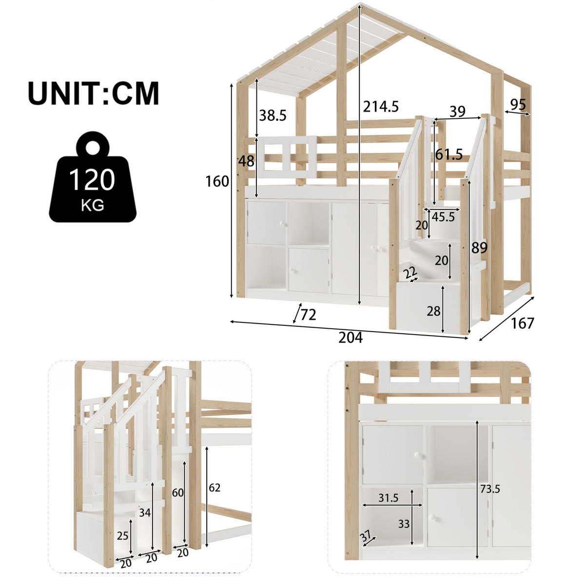 HOCHBETT 90/200 cm Hausform mit Stauraumleiter in Weiß + Natur - Weiß, Holz (90/200cm) - OKWISH