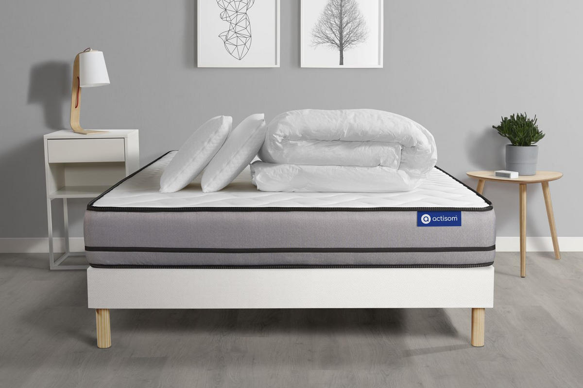 BETT Actimemo night Memory-Schaum 140 x 190 cm h4 - Kit Bettgestell Weiß - Mit Kissen und Bettdecke - Beige/Weiß, Holz/Textil (140/190cm) - ACTISOM