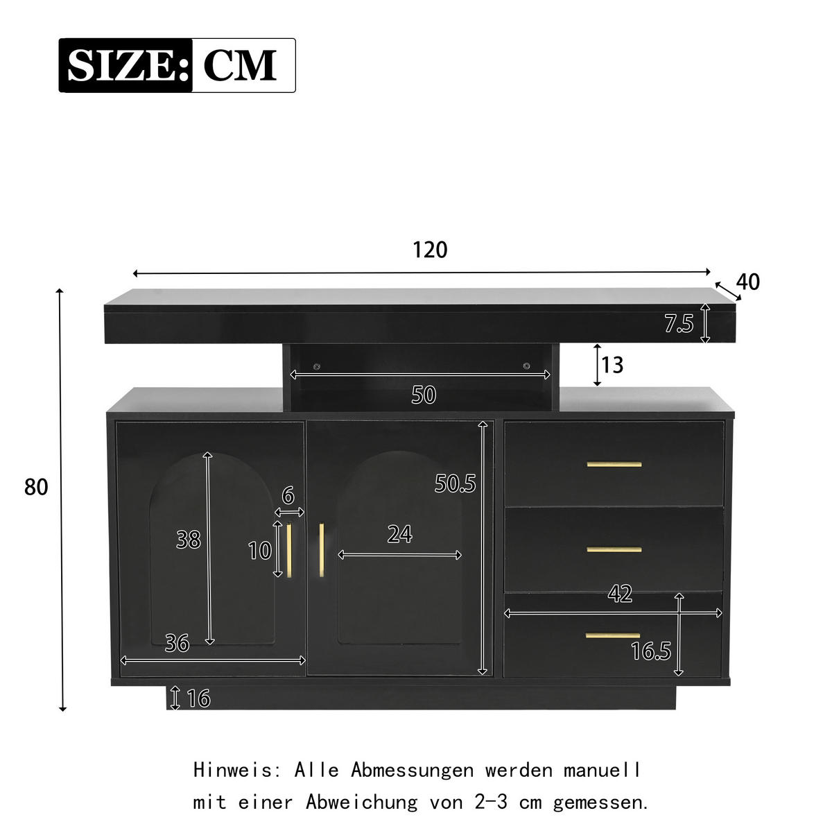 SIDEBOARD 120/40/80 cm mit 3 Schubladen, 2 Türen, LED-Beleuchtung und Hochglanzfront, Schwarz - Schwarz, Holzwerkstoff (120/80/40cm) - Redom