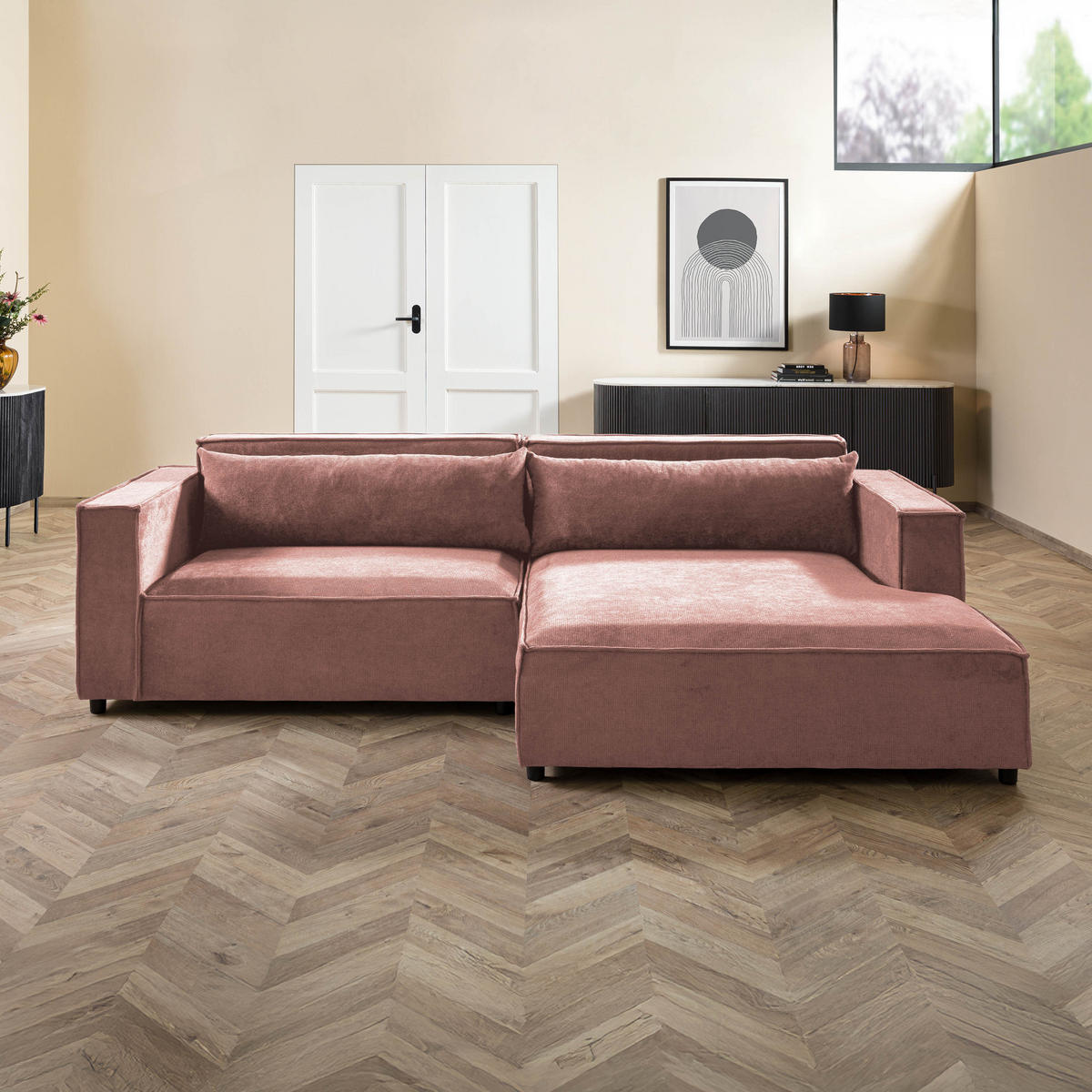 ECKSOFA Ottomane rechts Geflechtstoff 266x150x80 rosa FINN - Rosa, Textil (266/150cm) - Massivmoebel24