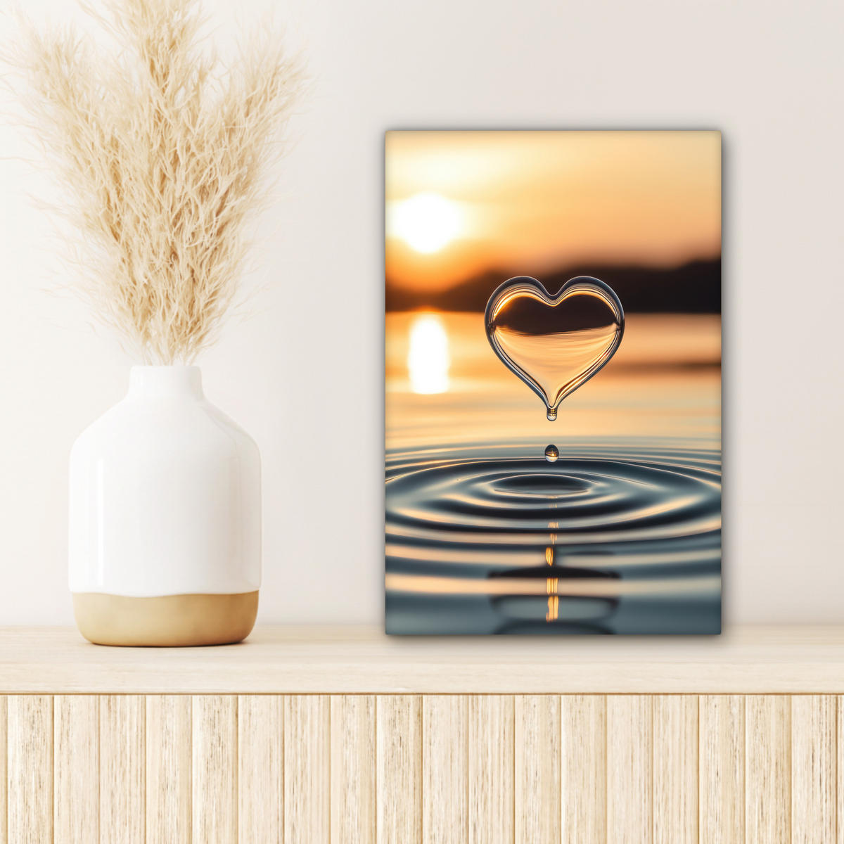 LEINWANDBILD - Herz - Wasser - Sonnenuntergang - Natur - Zen - 20x30 - Bilder - Bernsteinfarben, Textil (20/30cm) - MuchoWow
