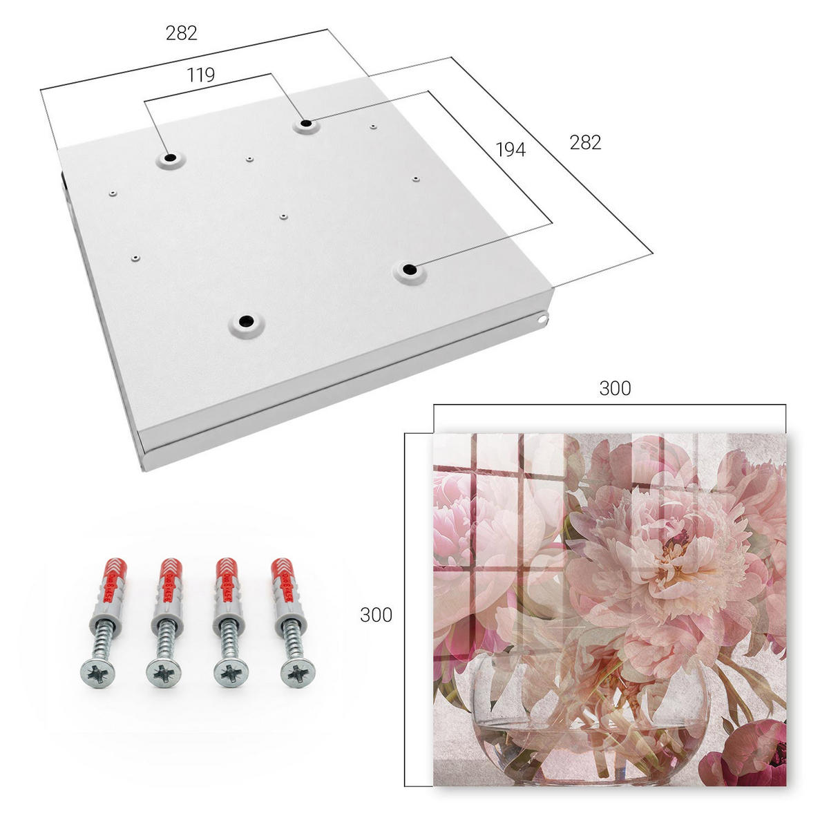 SCHLÜSSELBOX Weiß 30x30 cm – Türöffnung nach rechts - Romantische Blumen - Pink, Metall (30/30/5cm) - TULUP