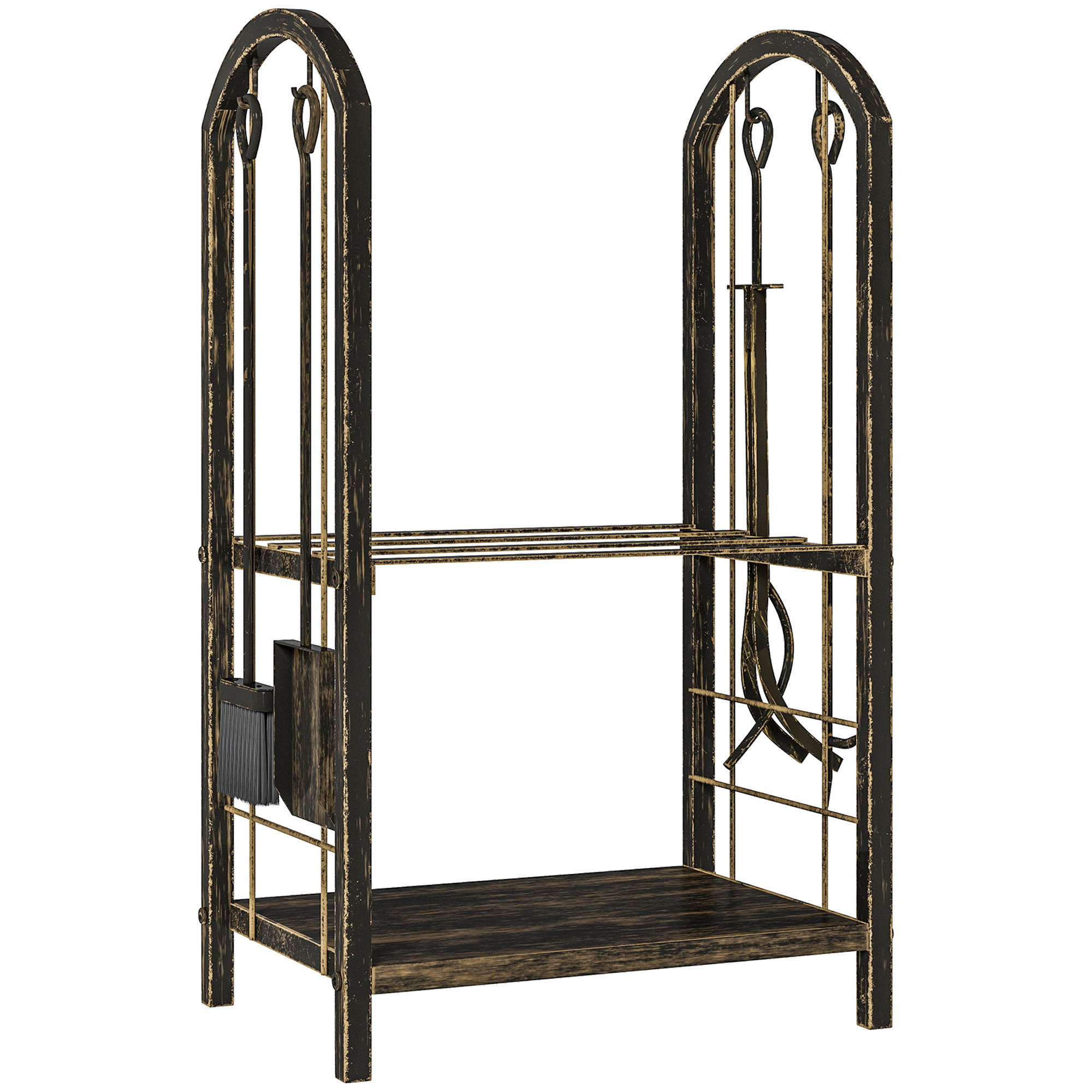 KAMINHOLZREGAL für innen 43 x 30 x 74cm 2 Ebenen Brennholzregal mit 4 Haken - Dunkelbraun, Metall (30/74/43cm) - Outsunny