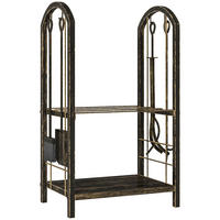 KAMINHOLZREGAL für innen 43 x 30 x 74cm 2 Ebenen Brennholzregal mit 4 Haken - Dunkelbraun, Metall (30/74/43cm) - Outsunny