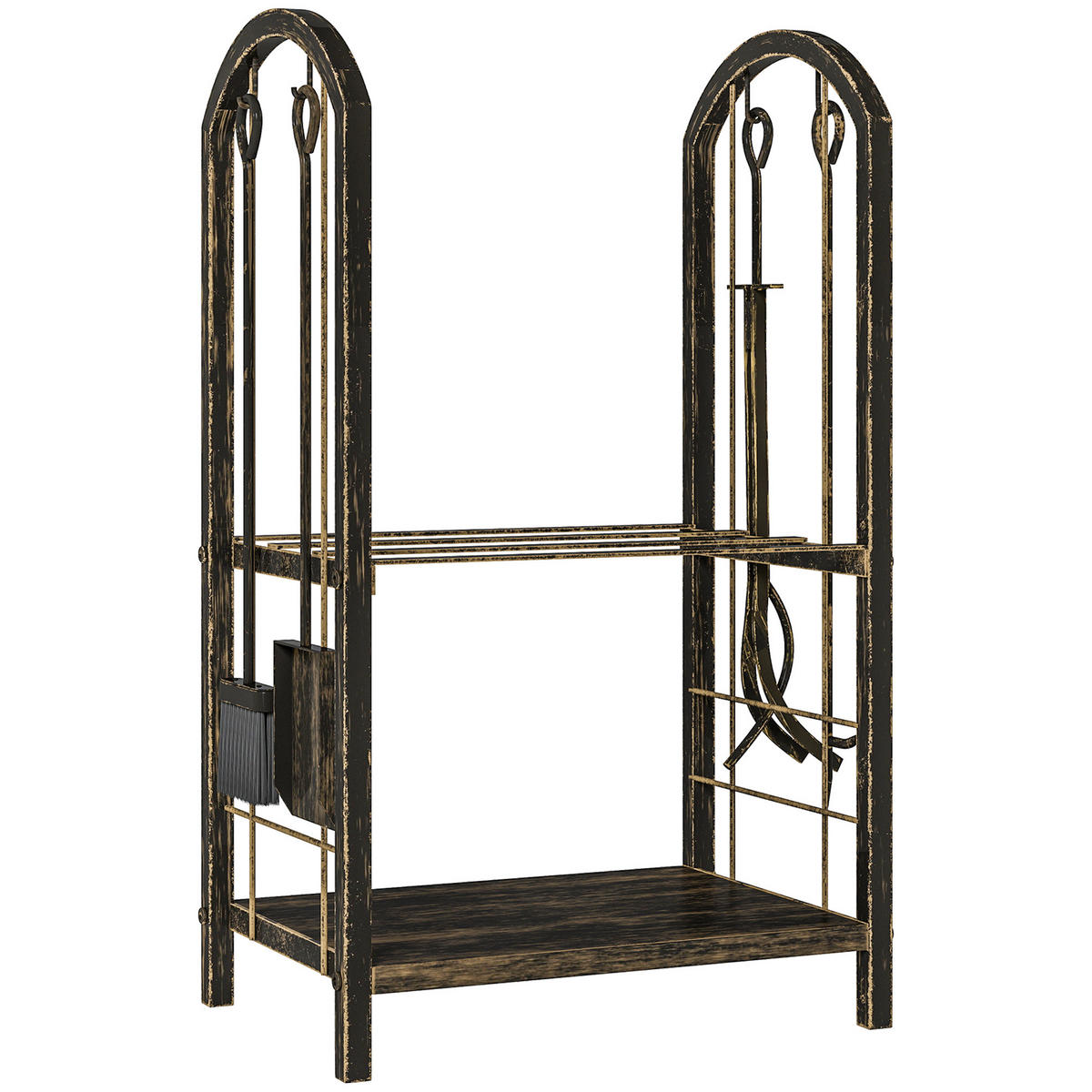 KAMINHOLZREGAL für innen 43 x 30 x 74cm 2 Ebenen Brennholzregal mit 4 Haken - Dunkelbraun, Metall (30/74/43cm) - Outsunny