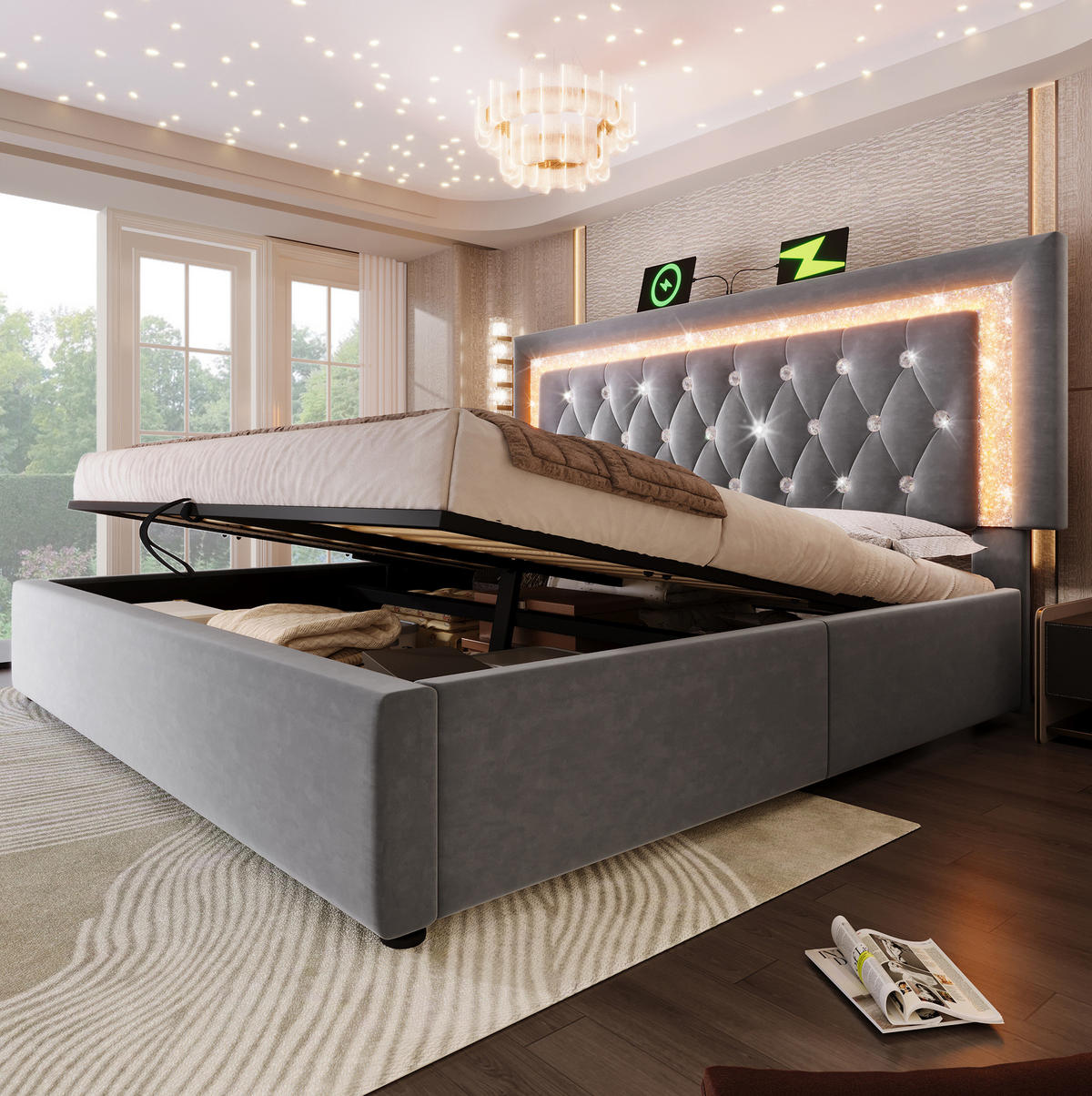 POLSTERBETT mit Bettkasten 160x200 cm Samt Grau mit LED und USB - Grau, Metall (160/200cm) - Meubliv