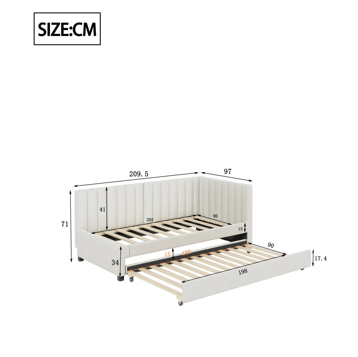 BETT aus Samtstoff 90x200 cm Beige mit Ausziehbett, Lattenrost und gepolstertem Kopfteil - Beige, Leder (140/200cm) - Modfu