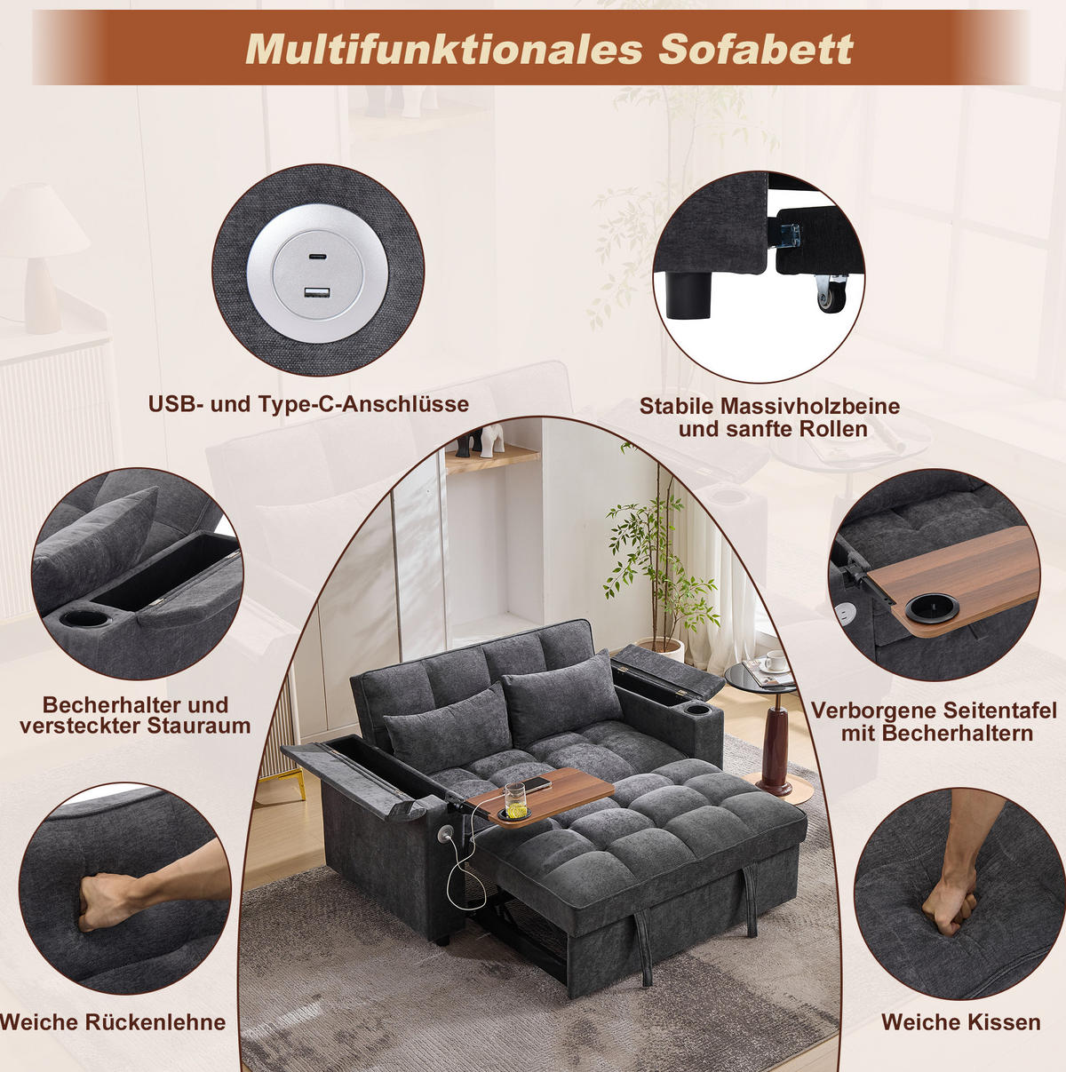 SCHLAFSOFA 140,5/74/82 cm in Grau – ausziehbar mit USB und verstecktem Tisch - Grau, Textil (140.5/82/74cm) - BEAOK