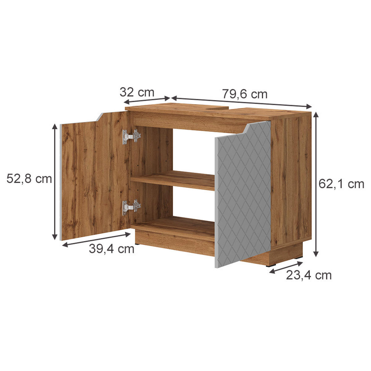 WASCHBECKENUNTERSCHRANK Lotta Eiche/Grau mit Kachelstruktur 79.6 x 62.1 cm mit 2 Türen - Eichefarben/Grau, Holzwerkstoff (79.6/62.1/32cm) - Vicco