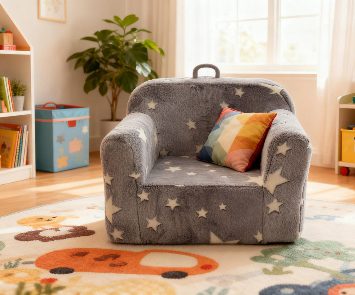 KINDERSOFA Stoff mit Armlehnen, leuchtendem Sternmuster abnehmbarer Bezug 49/64/49 cm Grau - Grau, Textil (64/49/49cm) - Redom