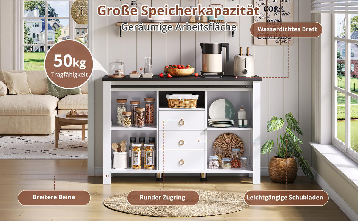 KÜCHENBUFFET mit 3 Schubladen, 120 x 40 x 80 cm, Weiß, MDF - Weiß, Holzwerkstoff (120/80/40cm) - SONNENH