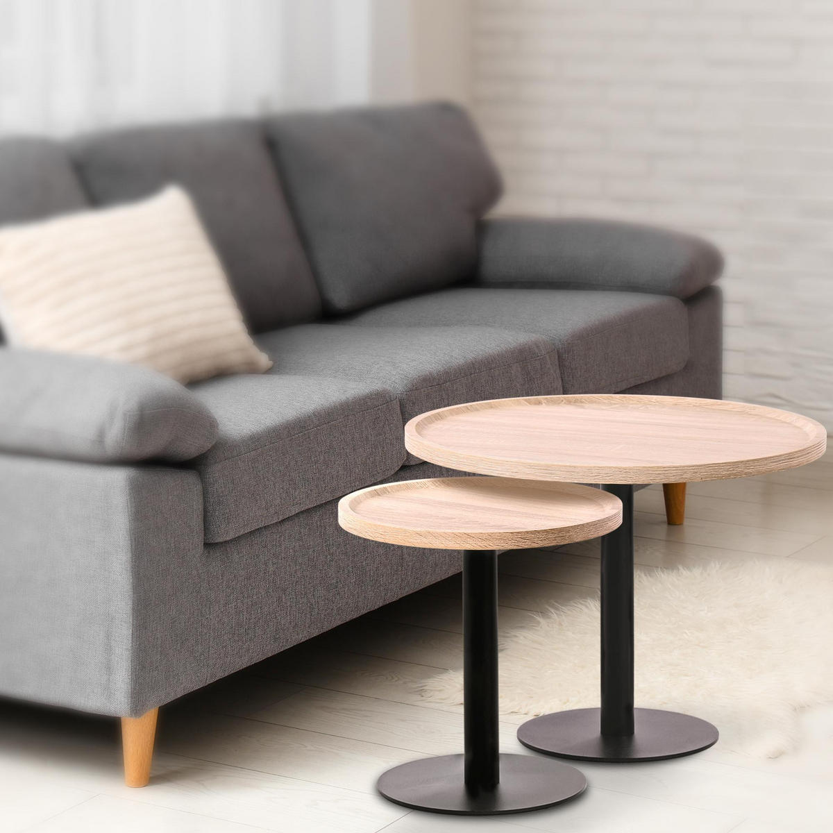 BEISTELLTISCH Kombi Set Holz Eiche - Eichefarben/Schwarz, Holz/Metall (40/40/42cm) - CLP