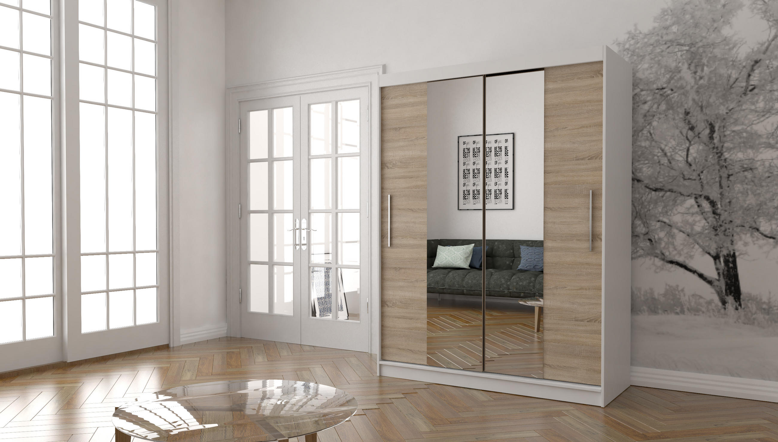 SCHWEBETÜRENSCHRANK Vista 01 Weiß/Sonoma Eiche + Spiegel, mit LED-Beleuchtung 150cm - Alufarben/Weiß, Glas/Holzwerkstoff (150/200/61cm) - imoebel24