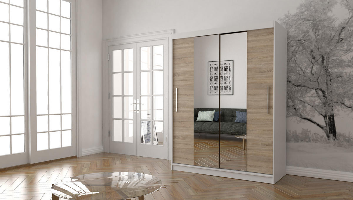 SCHWEBETÜRENSCHRANK Vista 01 Weiß/Sonoma Eiche + Spiegel, mit LED-Beleuchtung 150cm - Alufarben/Weiß, Glas/Holzwerkstoff (150/200/61cm) - imoebel24