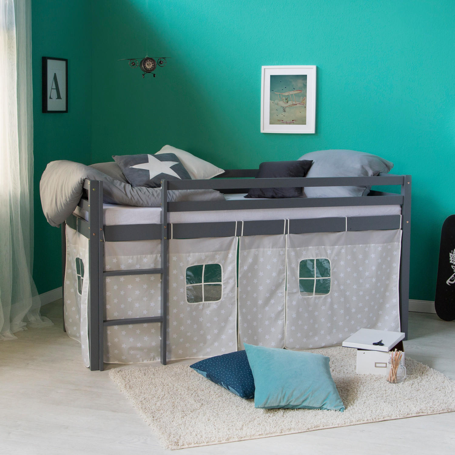 Homestyle4u Hochbett Grau 90x200 cm