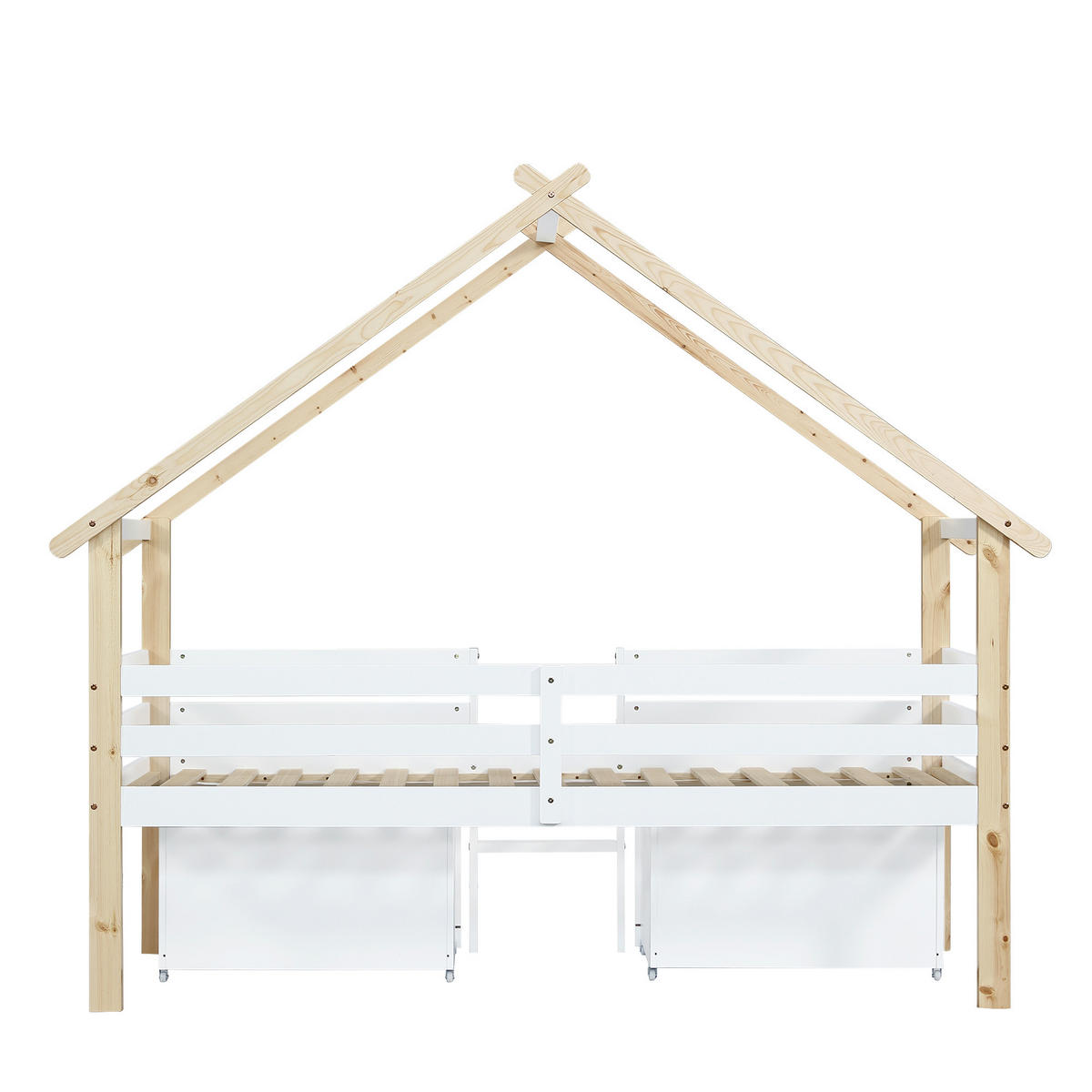KINDERBETT 90/200 cm in Weiß & Natur Hausbett mit 2 Schließfächern und Treppe - Weiß/Naturfarben, Holzwerkstoff (90/200cm) - STILVORA