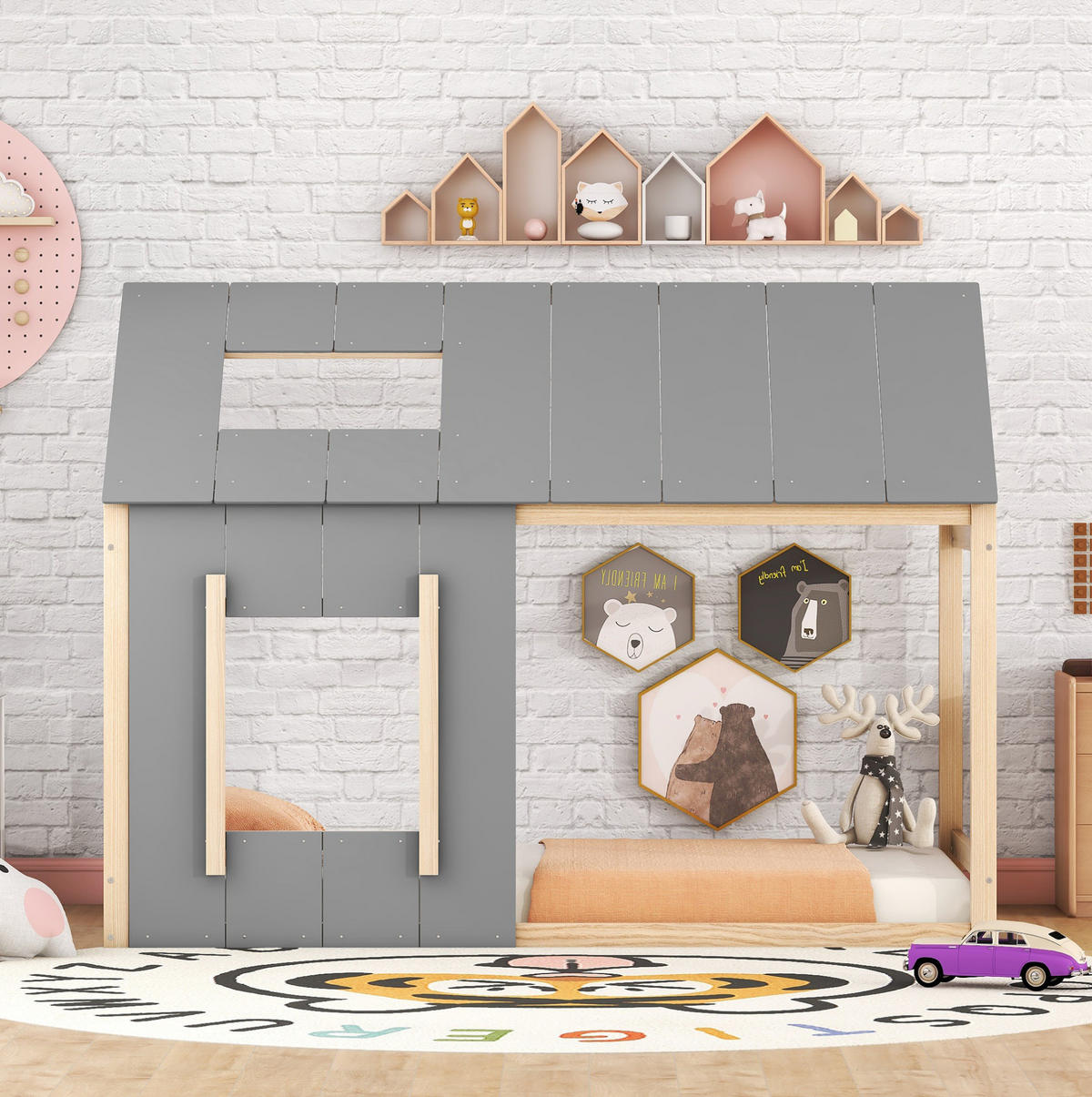 KINDERBETT 90/200 cm in Hausform mit Dach und Fenster aus Kiefern Holzwerkstoff und MDF, Natur/Grau - Grau, Holzwerkstoff (90/200cm) - Redom
