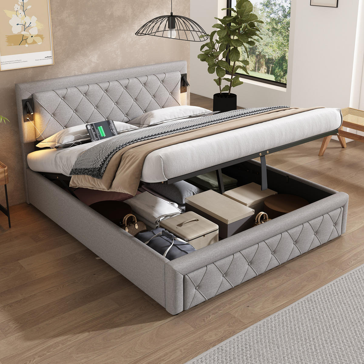 POLSTERBETT 160/200 cm Grau mit Downlight und USB-Schnittstellen - Grau, Textil (160/200cm) - OKWISH