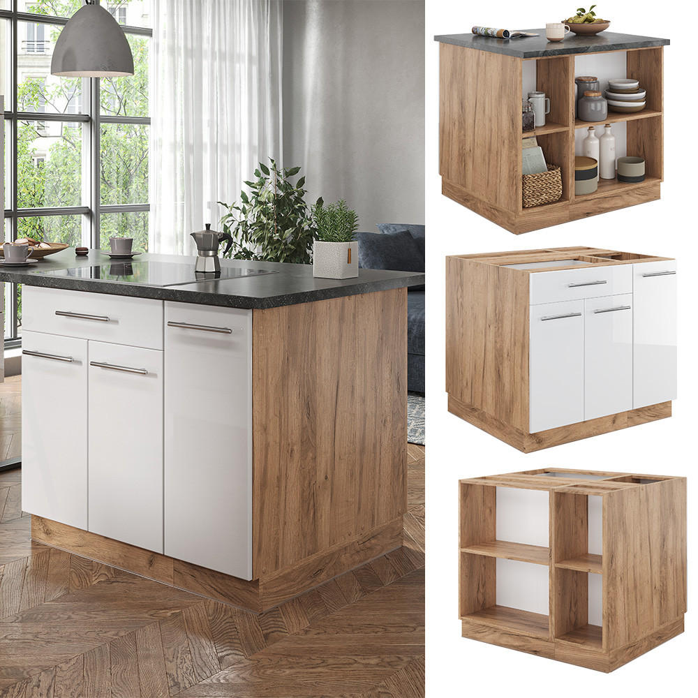 KÜCHENINSEL Fame-Line Weiß Hochglanz/Goldkraft Eiche 90 cm mit Schublade ohne AP - Honigeiche/Weiß Hochglanz, Holzwerkstoff (90/82/60cm) - Vicco