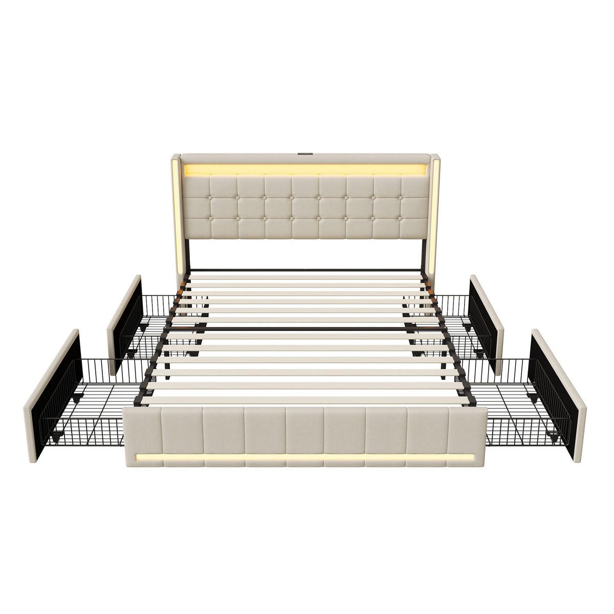 POLSTERBETT Geometrisch 140/200 cm mit 4 Schubladen & App-LED Leinenoptik Beige - Beige, Textil (140/200cm) - Creahappy