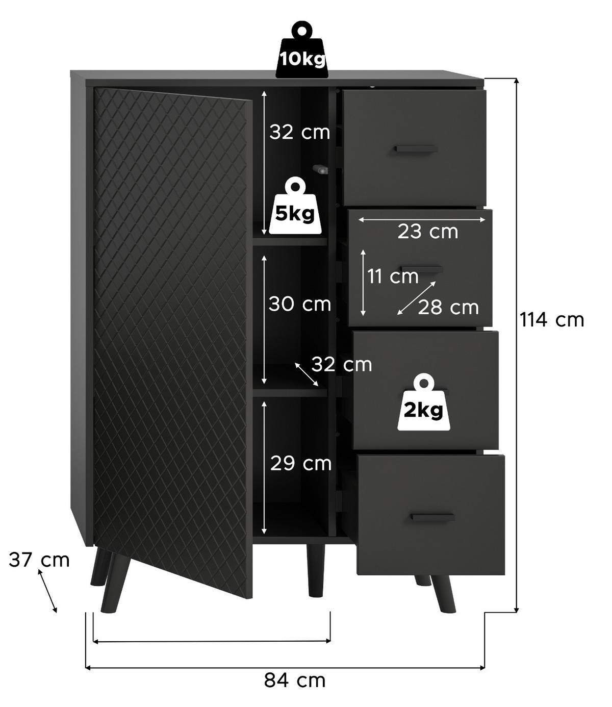 KOMMODE grau matt 84 x 114 cm, HIGHBOARD mit Struktur - Schwarz/Grau, Holzwerkstoff/Metall (84/114/37cm) - Inn.Furn