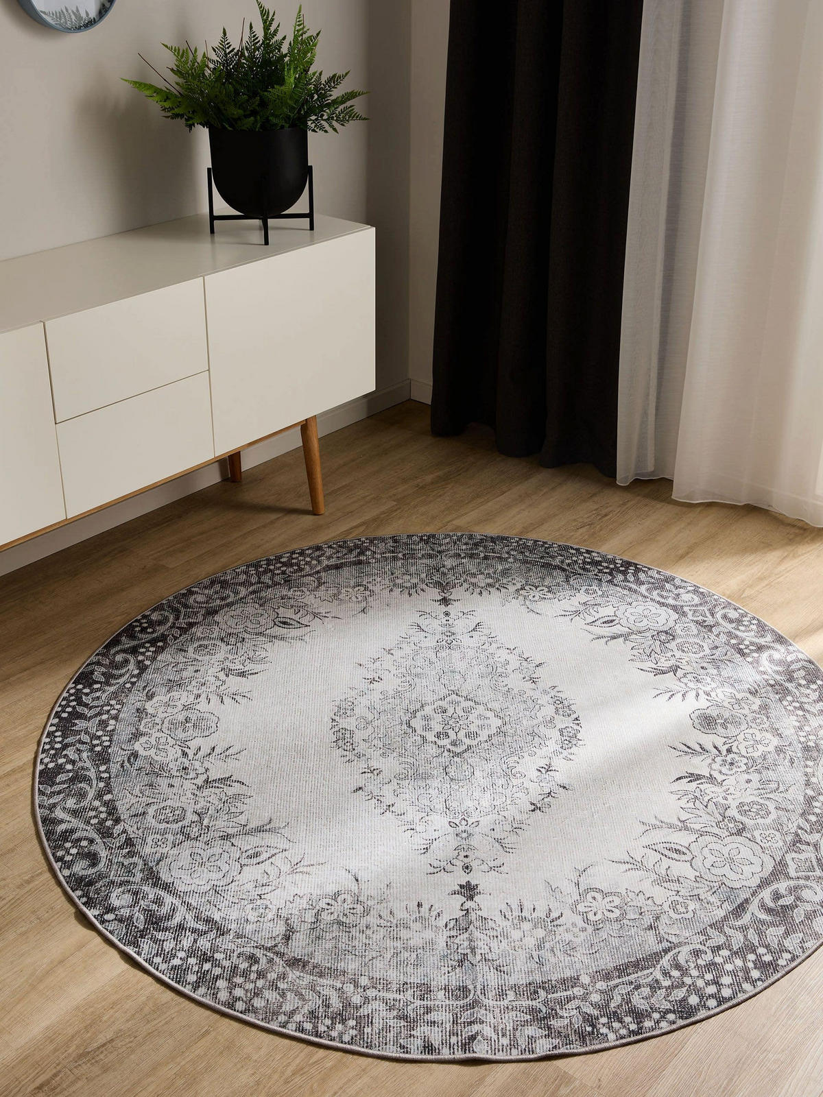 VINTAGE-TEPPICH George waschbar ø 120 cm rund - Schwarz/Grau, Kunststoff (120/120cm) - benuta