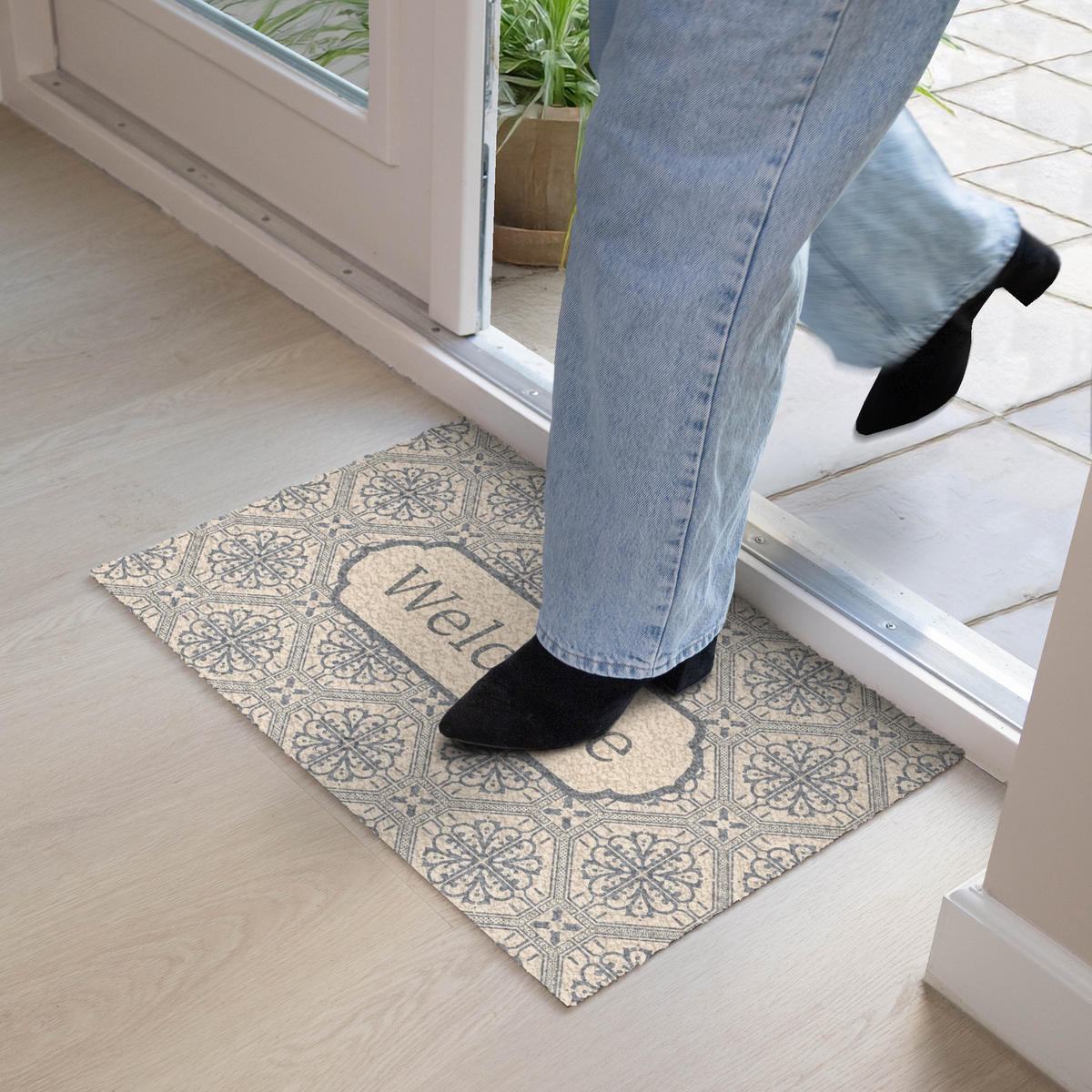 FUSSMATTE Willkommen - Klassisch - Grau 60x40 cm - Beige, Kunststoff (60/0.4cm) - MuchoWow