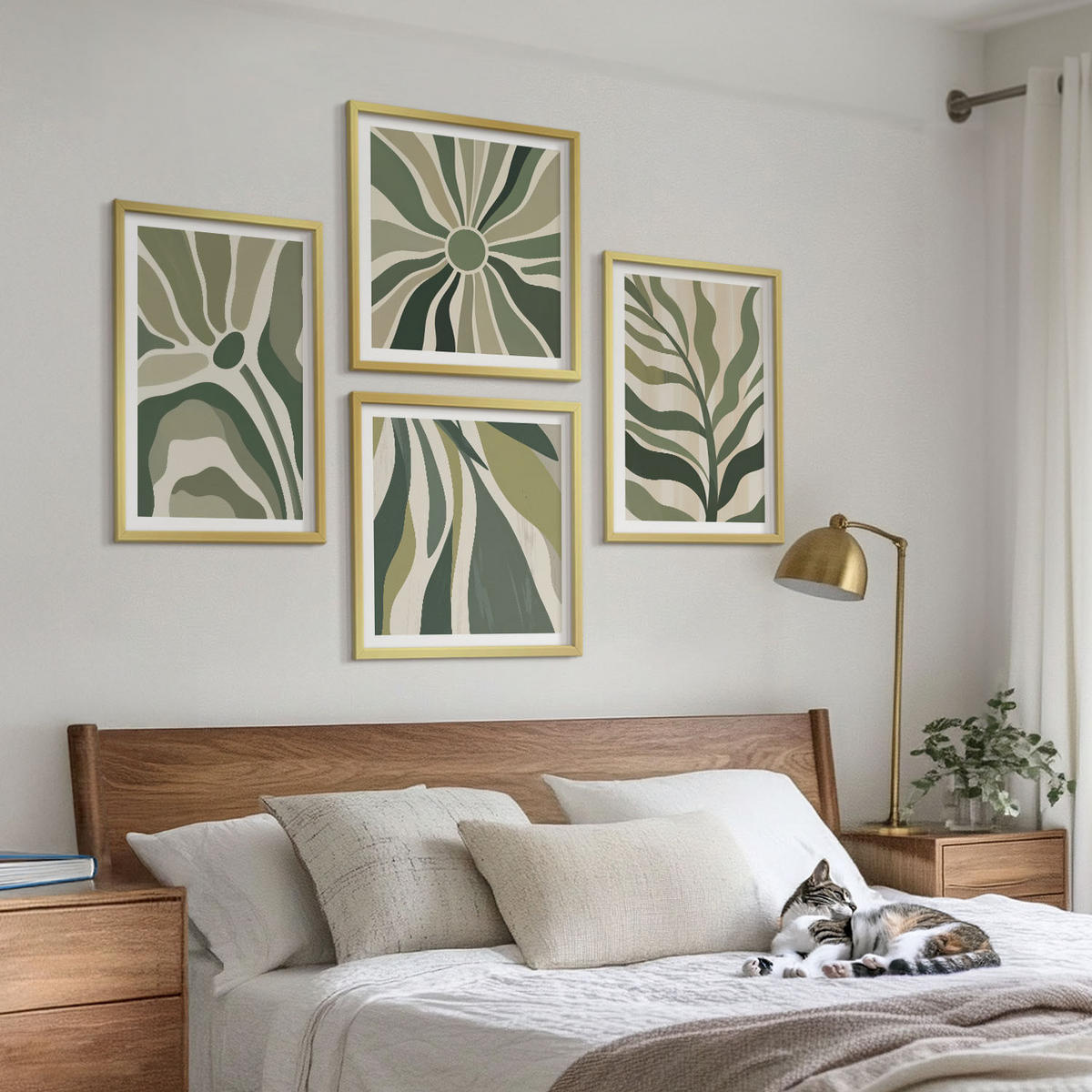 BILDER SET 4er Set - 50x50 cm & 40x60 cm Goldrahmen - Bemalte Blätter mit Grün - Goldfarben, Kunststoff (50/50cm) - TULUP