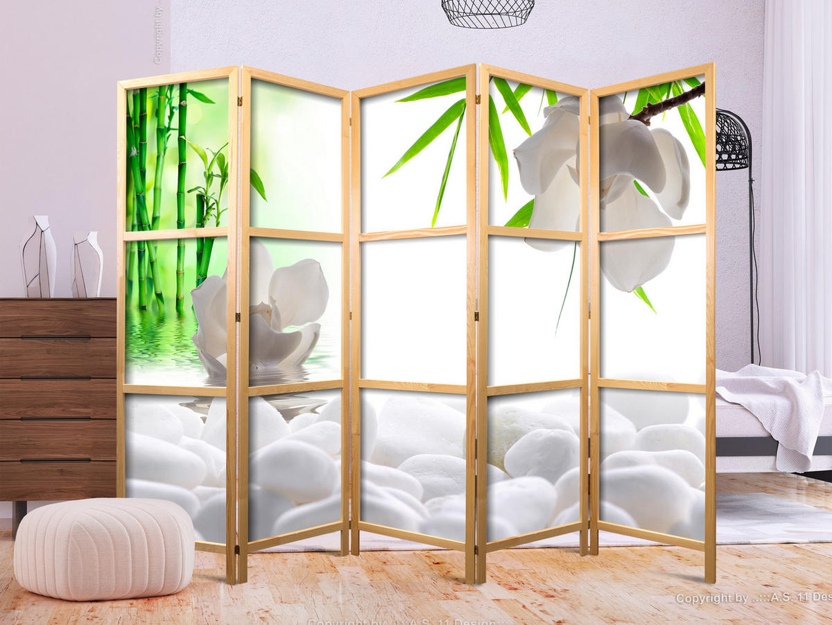 PARAVENT Japanischer 5-tlg 225x172 cm Steine Pflanzen 3D - Weiß, Holz/Textil (225/172/3cm) - Muralo