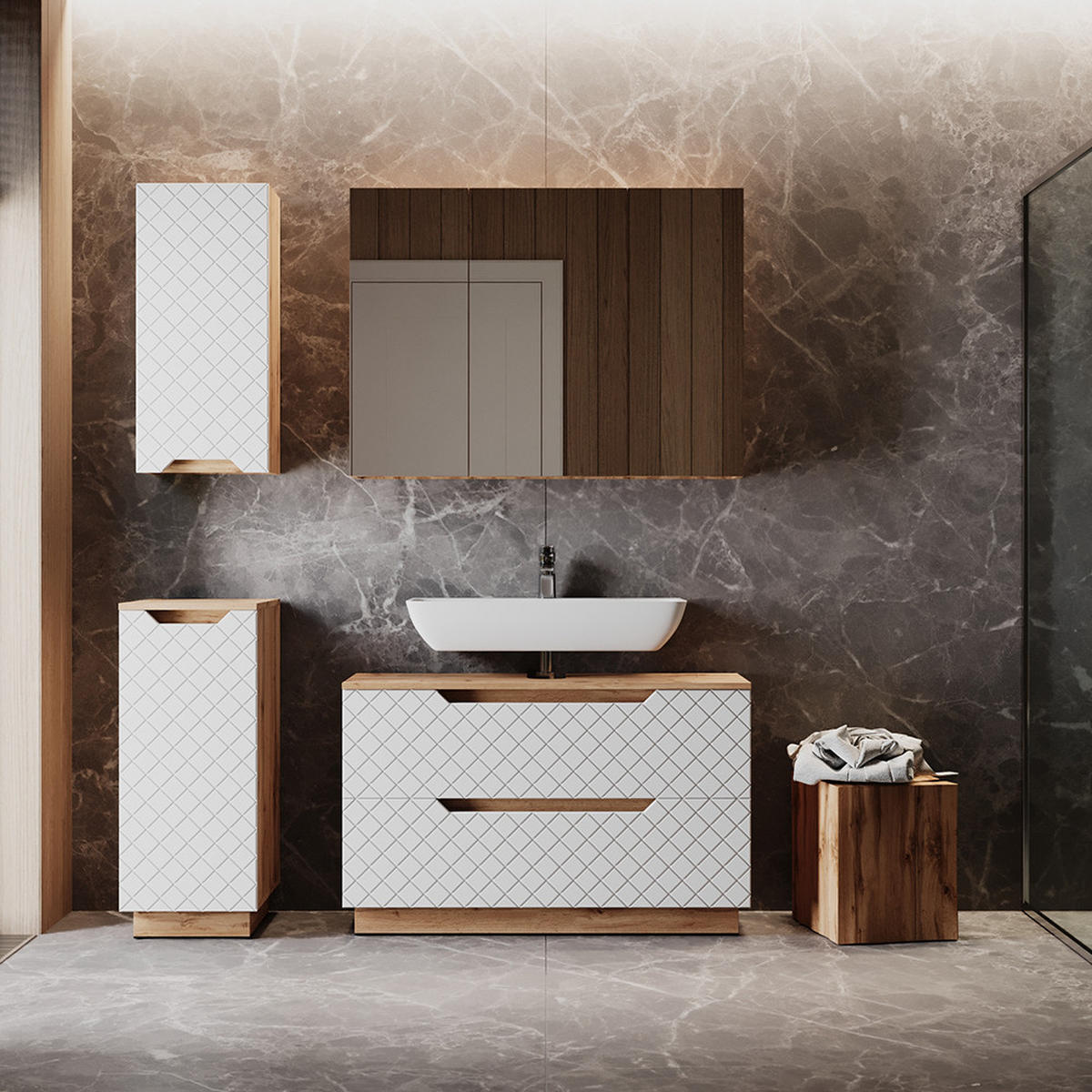 BADMÖBEL-SET Lotta Eiche/Weiß mit Kachelstruktur 4 Teile - Eichefarben/Weiß, Holzwerkstoff (99.4/62.5/32cm) - Vicco