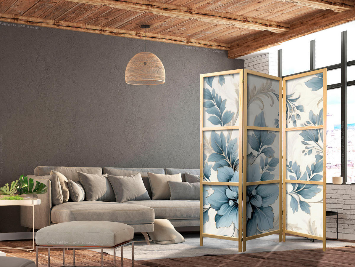 PARAVENT Japanischer 3-tlg 135x172 cm Pflanzen Ornamente - Blau, Holz/Textil (135/172/3cm) - Muralo