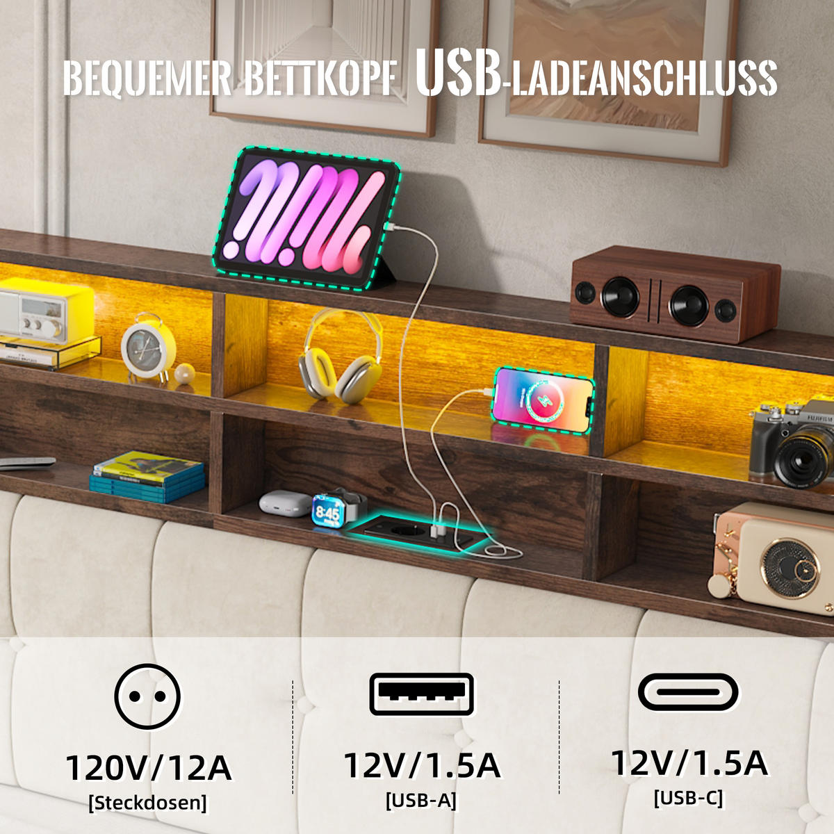 POLSTERBETT 180/200 cm in Beige mit 6 Fächern, Seitentaschen, USB-C, LED und Bettkasten aus Samt und Metall - Dunkelgrau, Holzwerkstoff/Textil - STILVORA