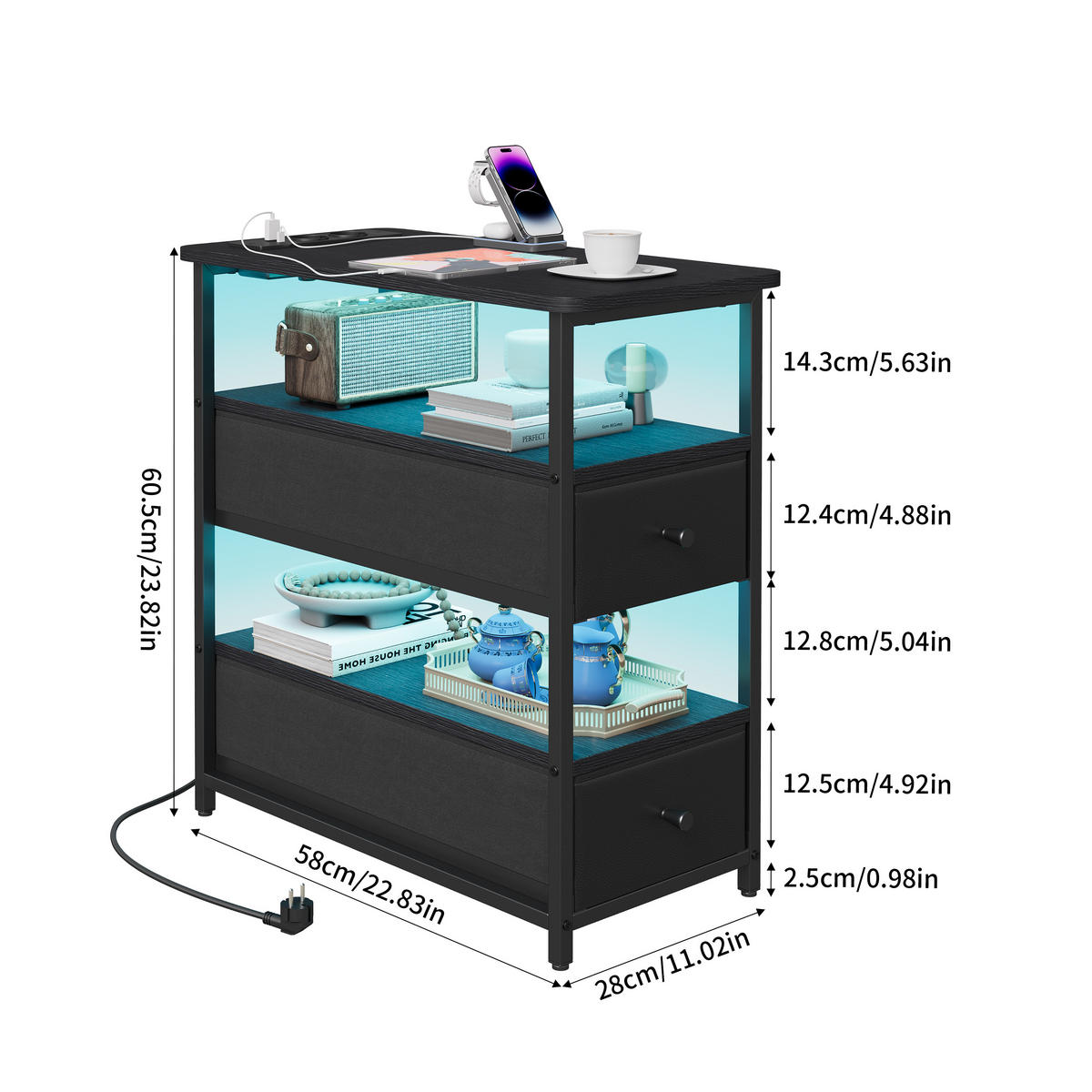 NACHTTISCH LED USB 2 Schubladen 2 Fächer schwarz - Schwarz, Holz (58/28/60.5cm) - LEBENLANG