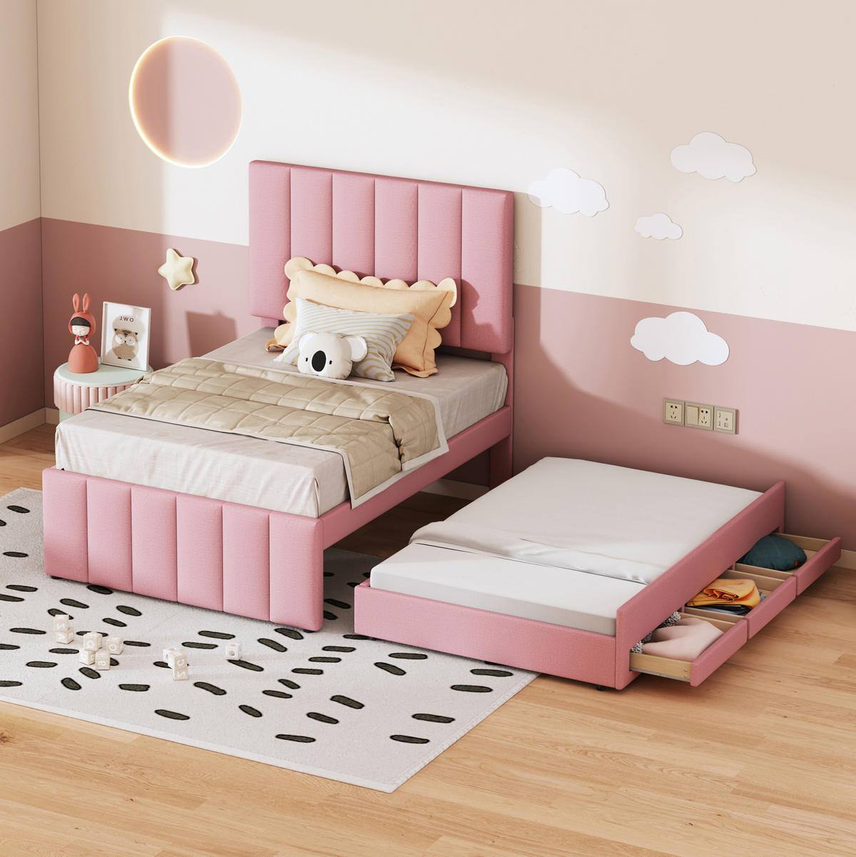 POLSTERBETT 90/200 cm Rosa aus Leinen mit Rollbett und Schubladen - Pink, Textil (90/200cm) - OKMYHOME
