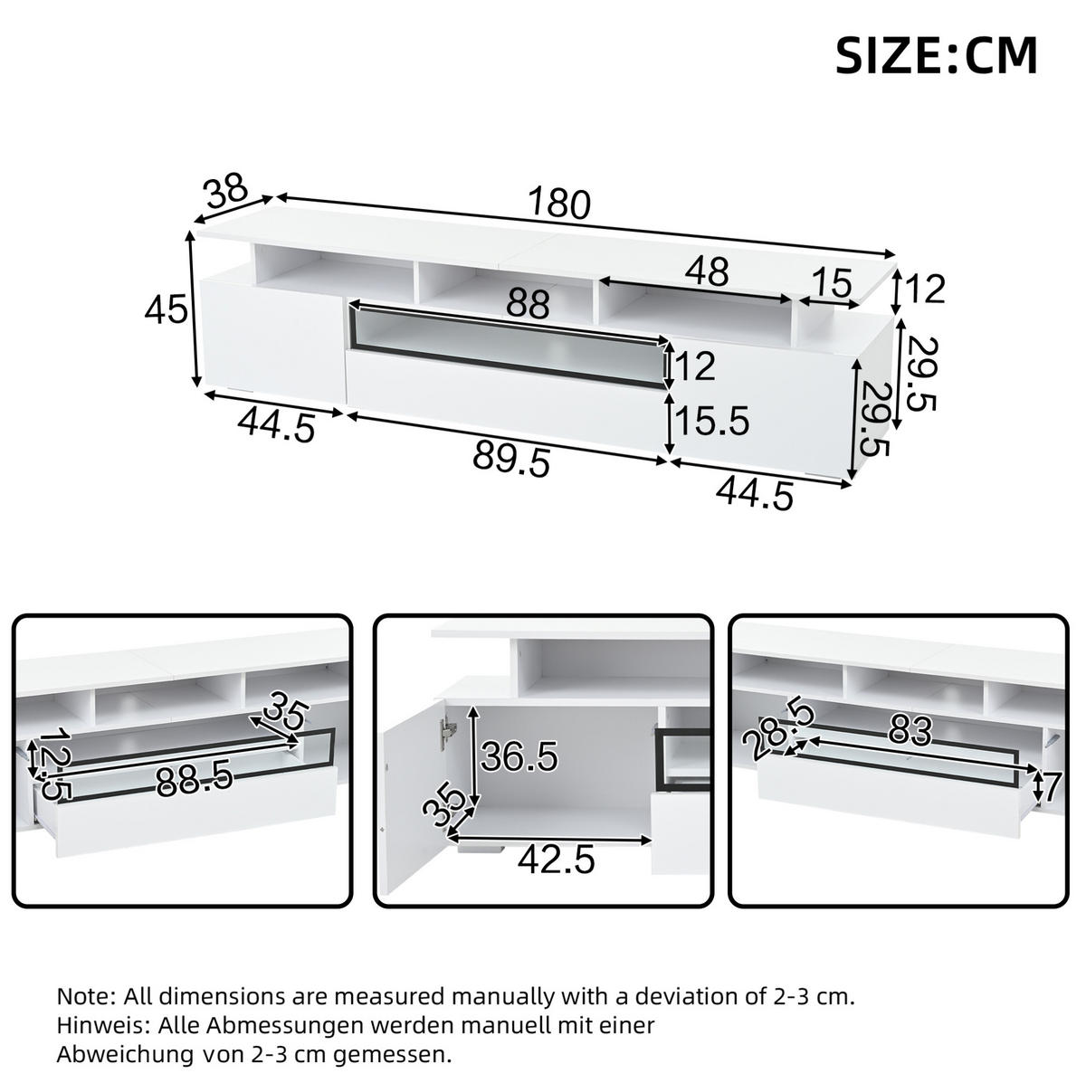 TV-LOWBOARD aus Spanplatte 180x38x45 cm Weiß mit LED-Beleuchtung, 2 Schränken und 1 Schublade - Weiß, Holzwerkstoff (180/45/38cm) - IVMEU